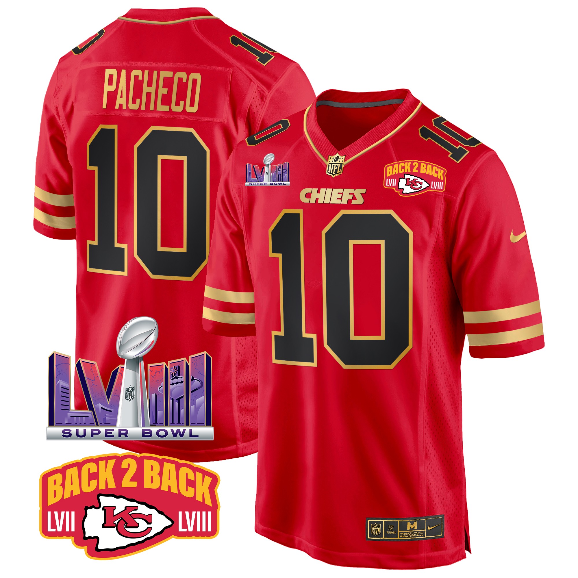 Isiah Pacheco Men's Kansas City Chiefs Super Bowl LVIII & Back 2 Back Patch Game Black Red Jersey - All Stitched