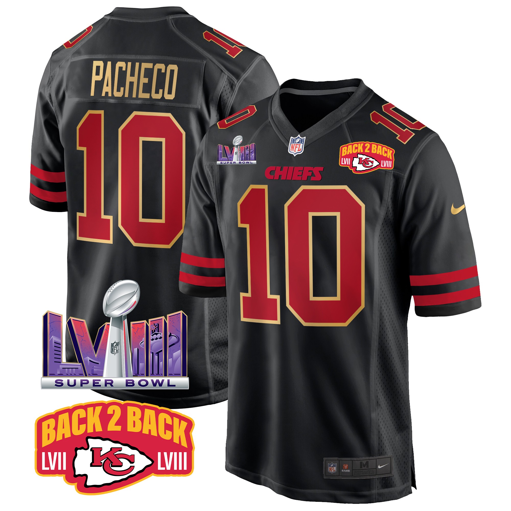 Isiah Pacheco Men's Kansas City Chiefs Super Bowl LVIII & Back 2 Back Patch Game Gold Trim Jersey - All Stitched