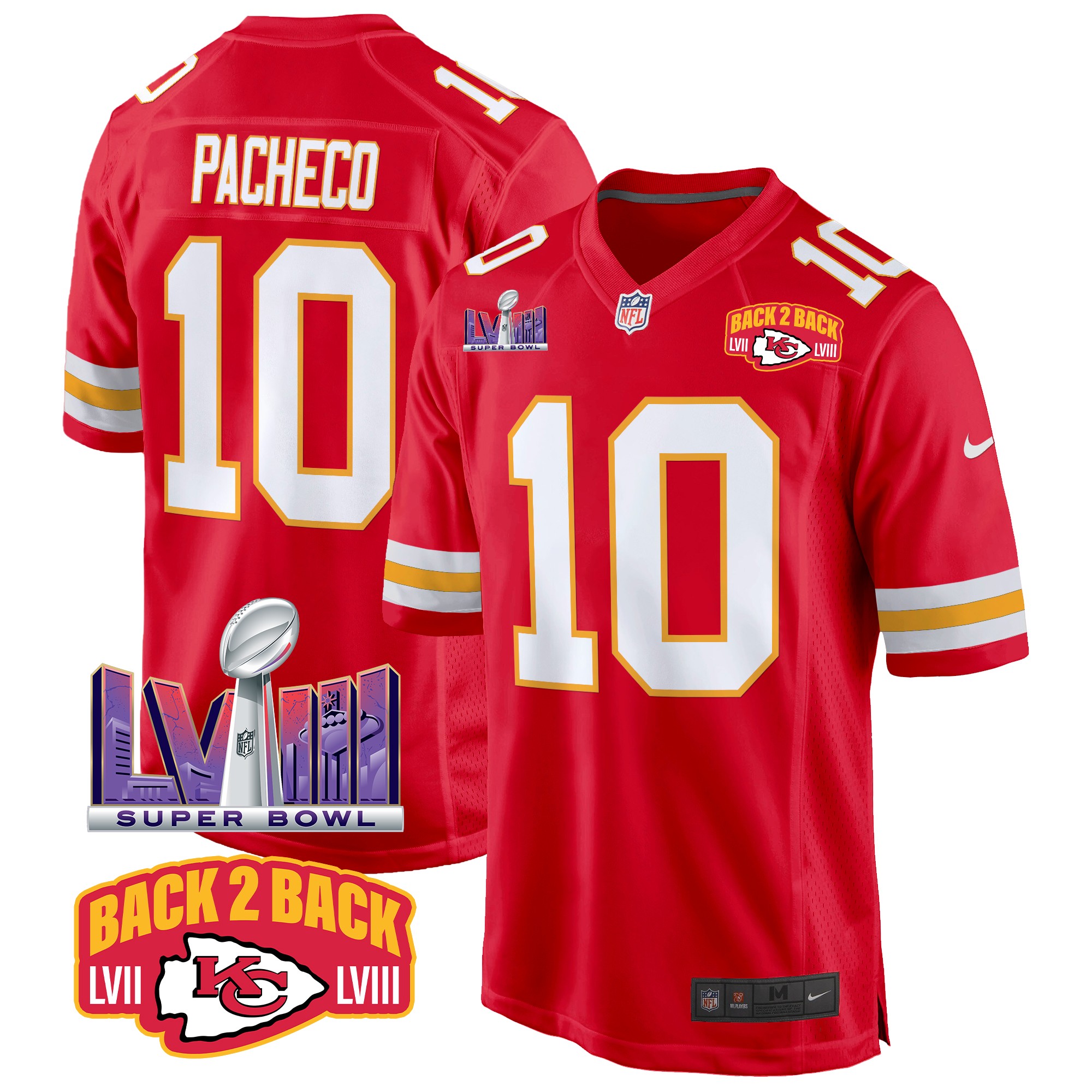 Isiah Pacheco Men's Kansas City Chiefs Super Bowl LVIII & Back 2 Back Patch Game Red Jersey - All Stitched