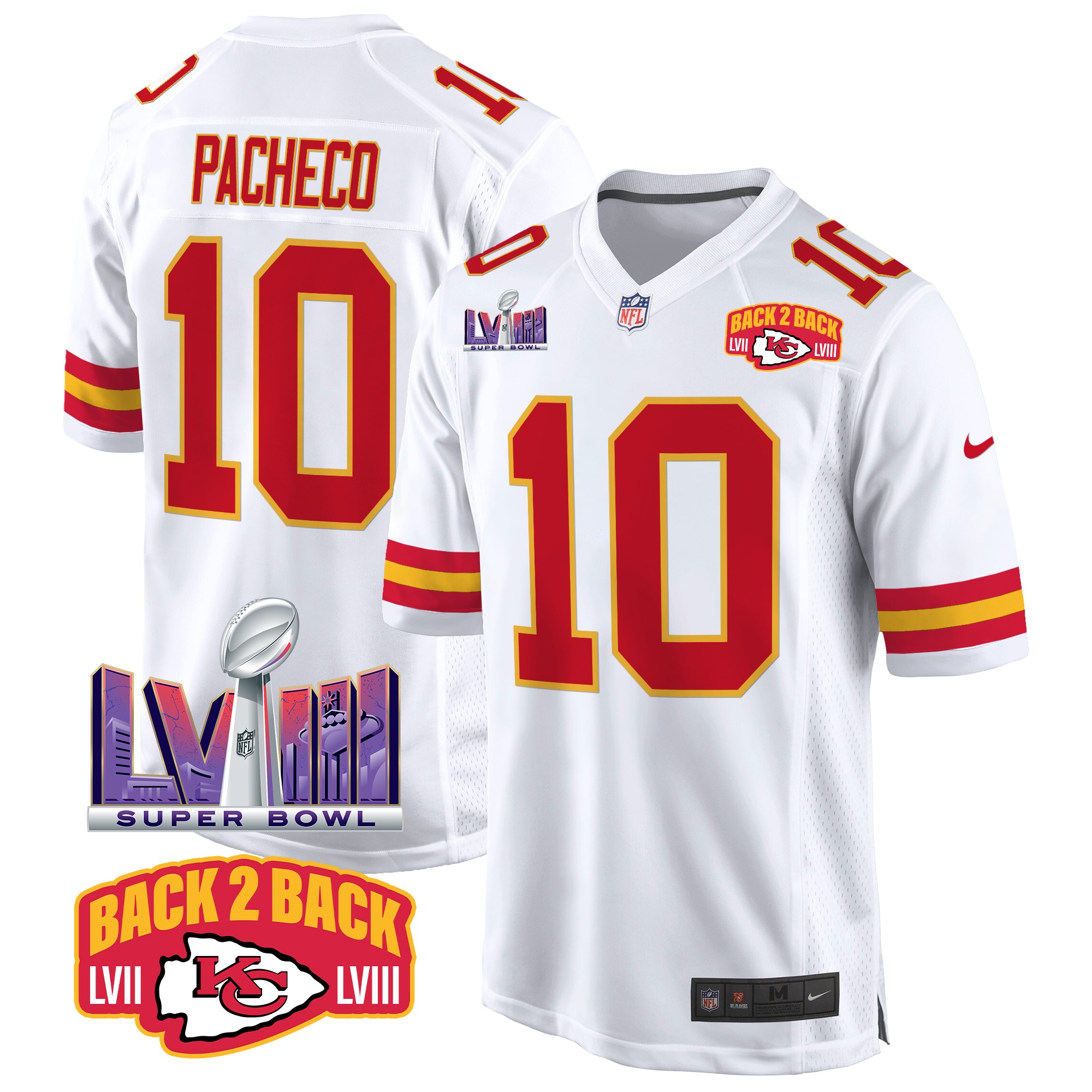 Isiah Pacheco Men's Kansas City Chiefs Super Bowl LVIII & Back 2 Back Patch Game White Jersey - All Stitched