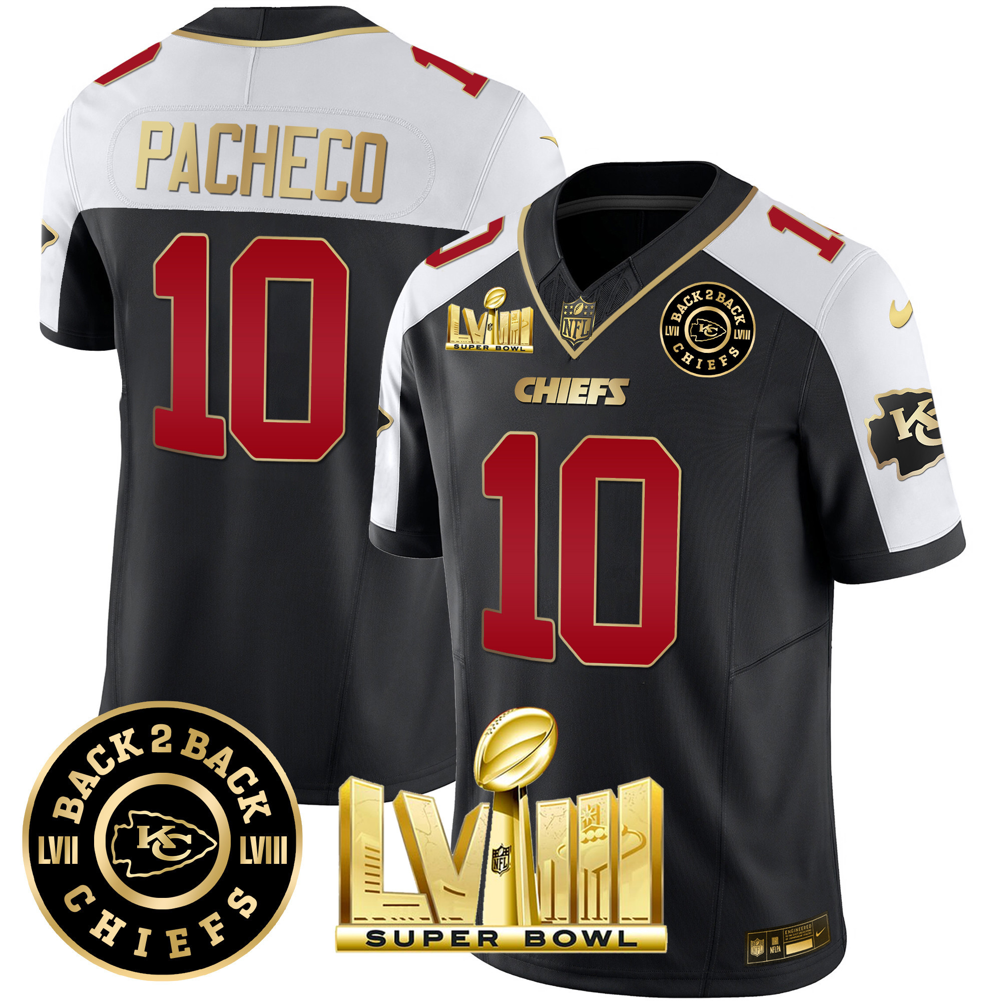Isiah Pacheco Men's Kansas City Chiefs Super Bowl LVIII & Back 2 Back Patch Vapor Black Alternate Jersey - All Stitched