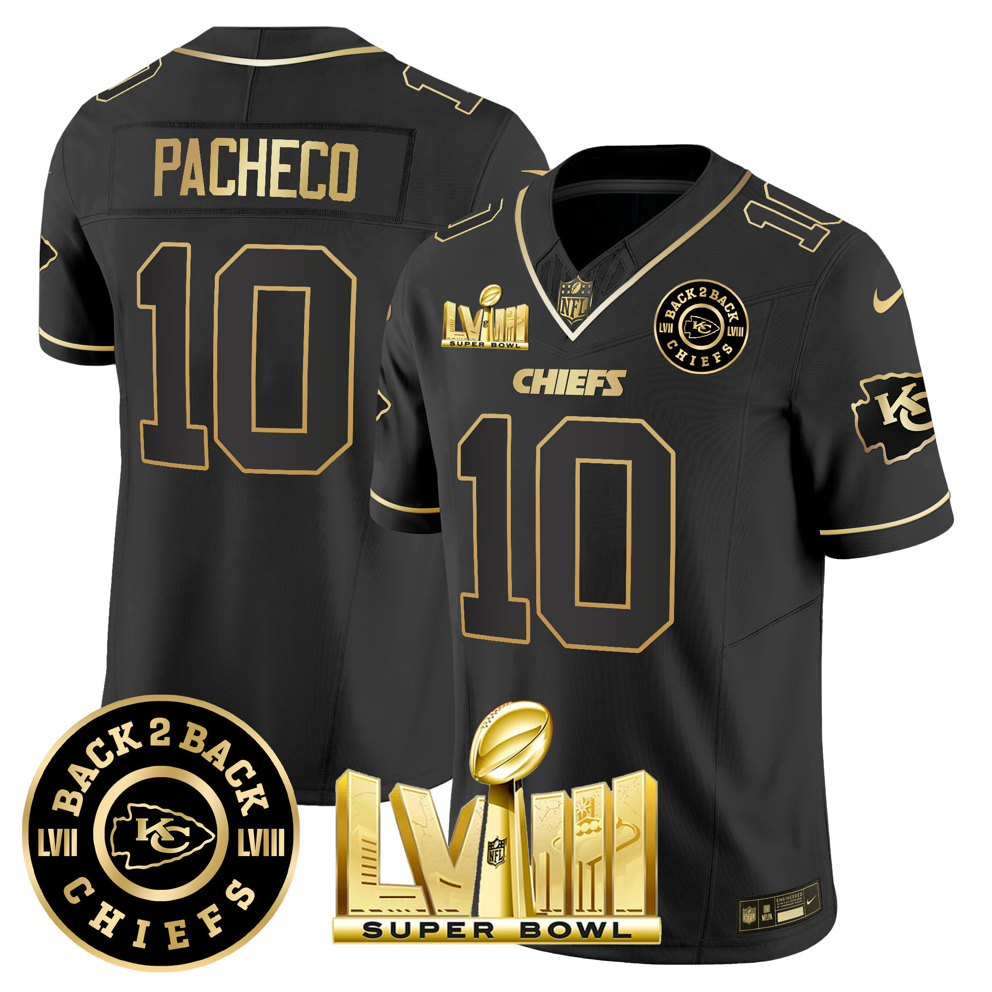 Isiah Pacheco Men's Kansas City Chiefs Super Bowl LVIII & Back 2 Back Patch Vapor Black Gold Jersey - All Stitched