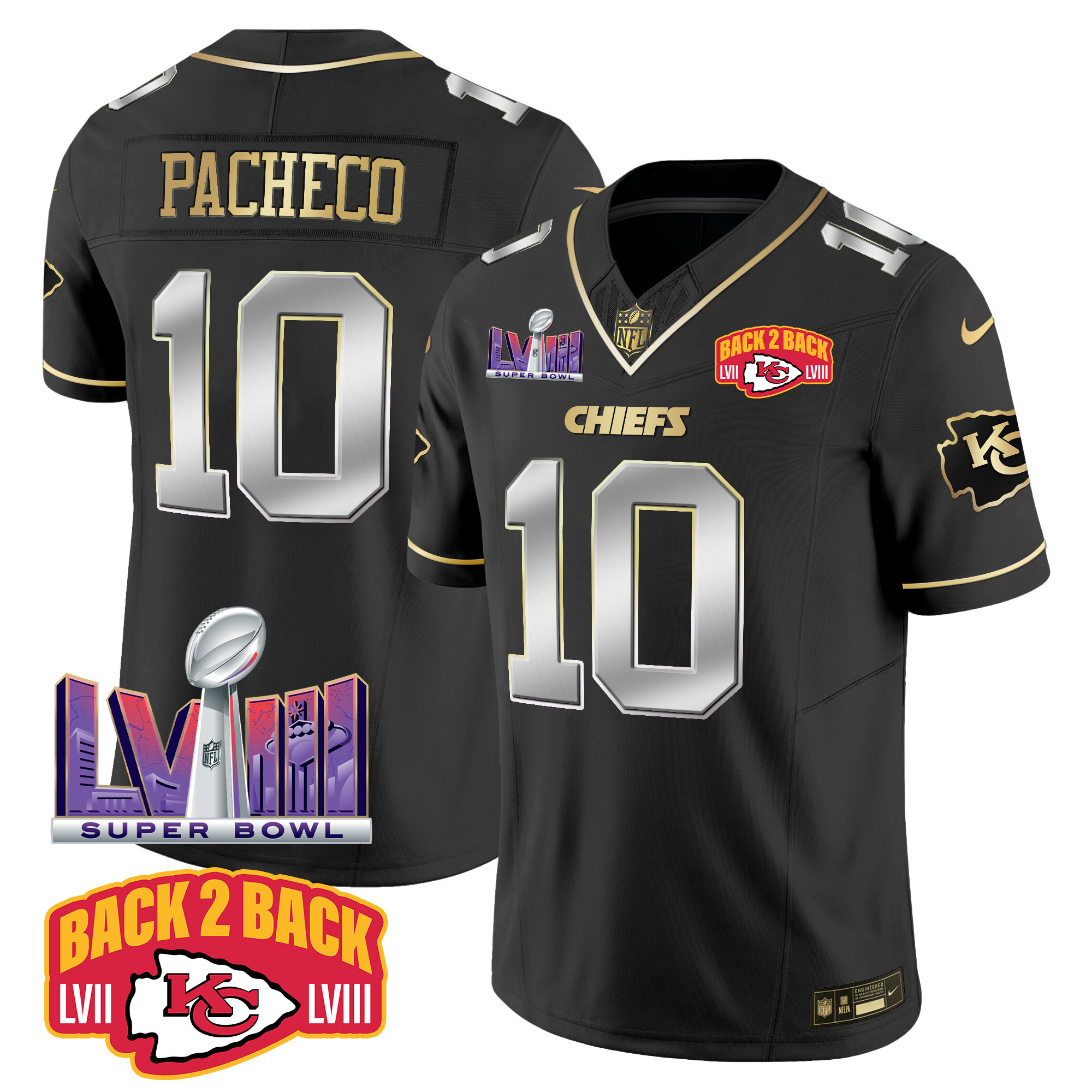 Isiah Pacheco Men's Kansas City Chiefs Super Bowl LVIII & Back 2 Back Patch Vapor Black Limited Jersey - All Stitched
