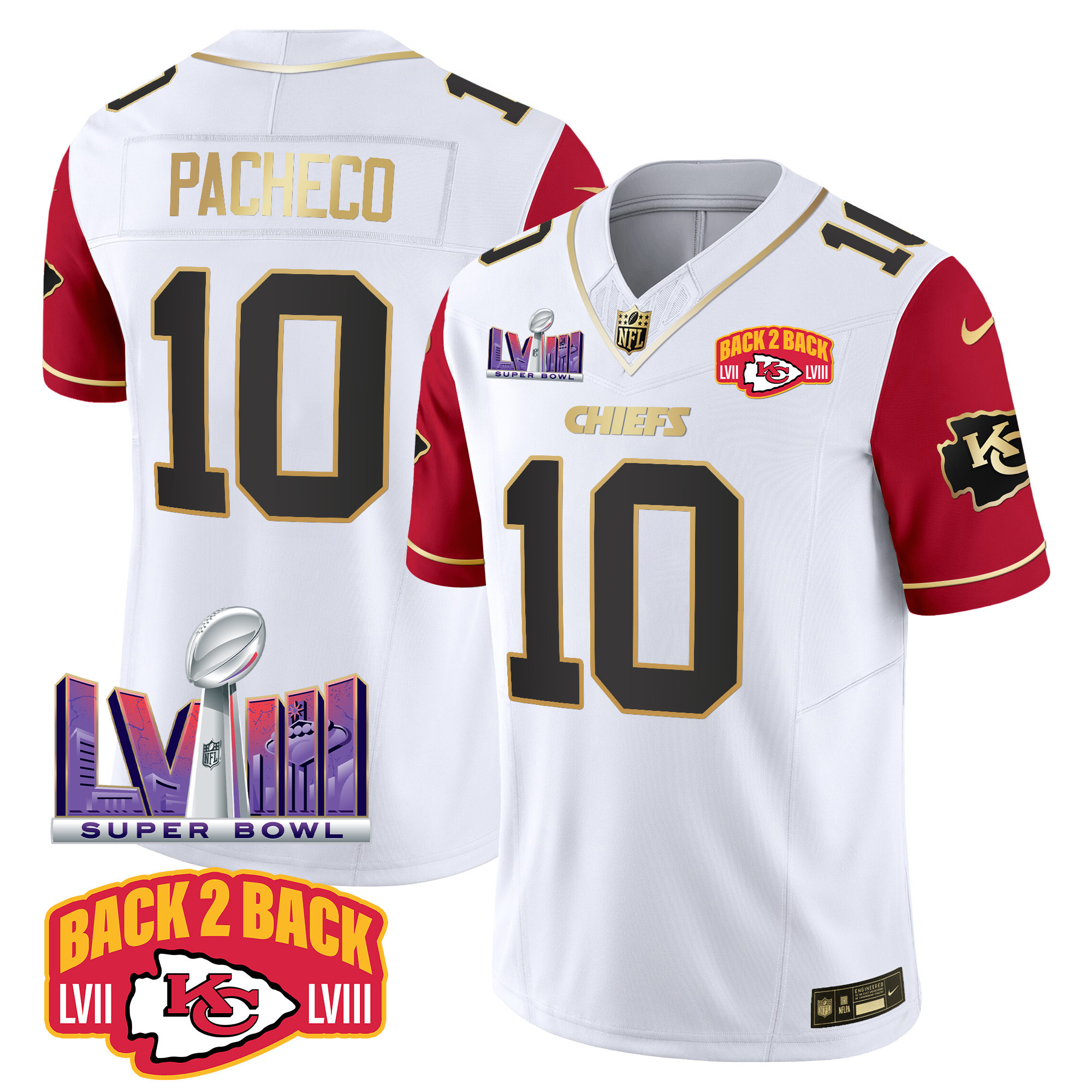Isiah Pacheco Men's Kansas City Chiefs Super Bowl LVIII & Back 2 Back Patch Vapor Color Sleeves Jersey - All Stitched