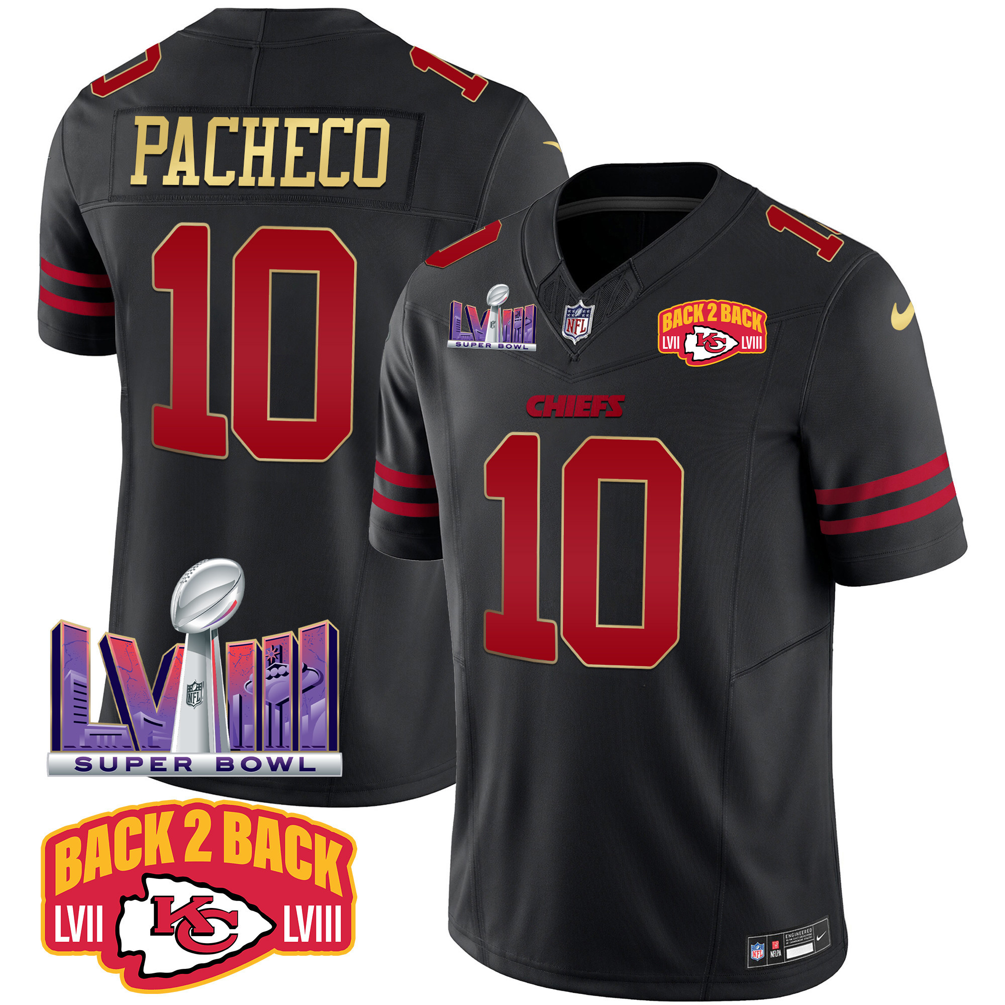 Isiah Pacheco Men's Kansas City Chiefs Super Bowl LVIII & Back 2 Back Patch Vapor Gold Trim Jersey - All Stitched