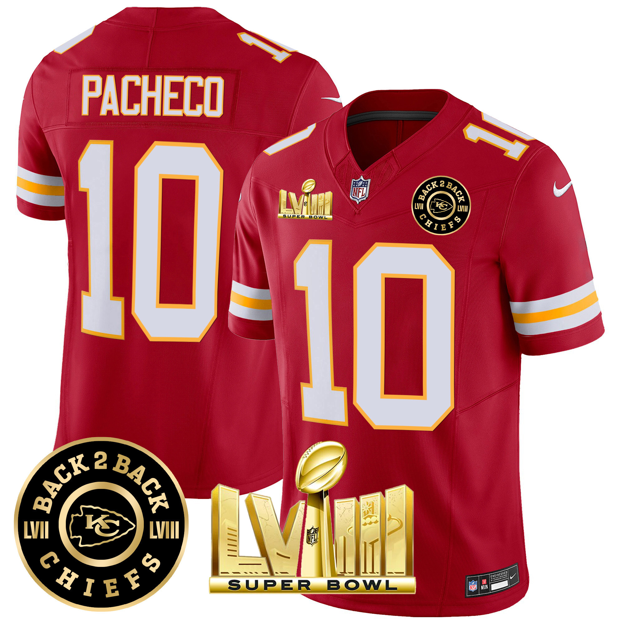 Isiah Pacheco Men's Kansas City Chiefs Super Bowl LVIII & Back 2 Back Patch Vapor Red Jersey - All Stitched