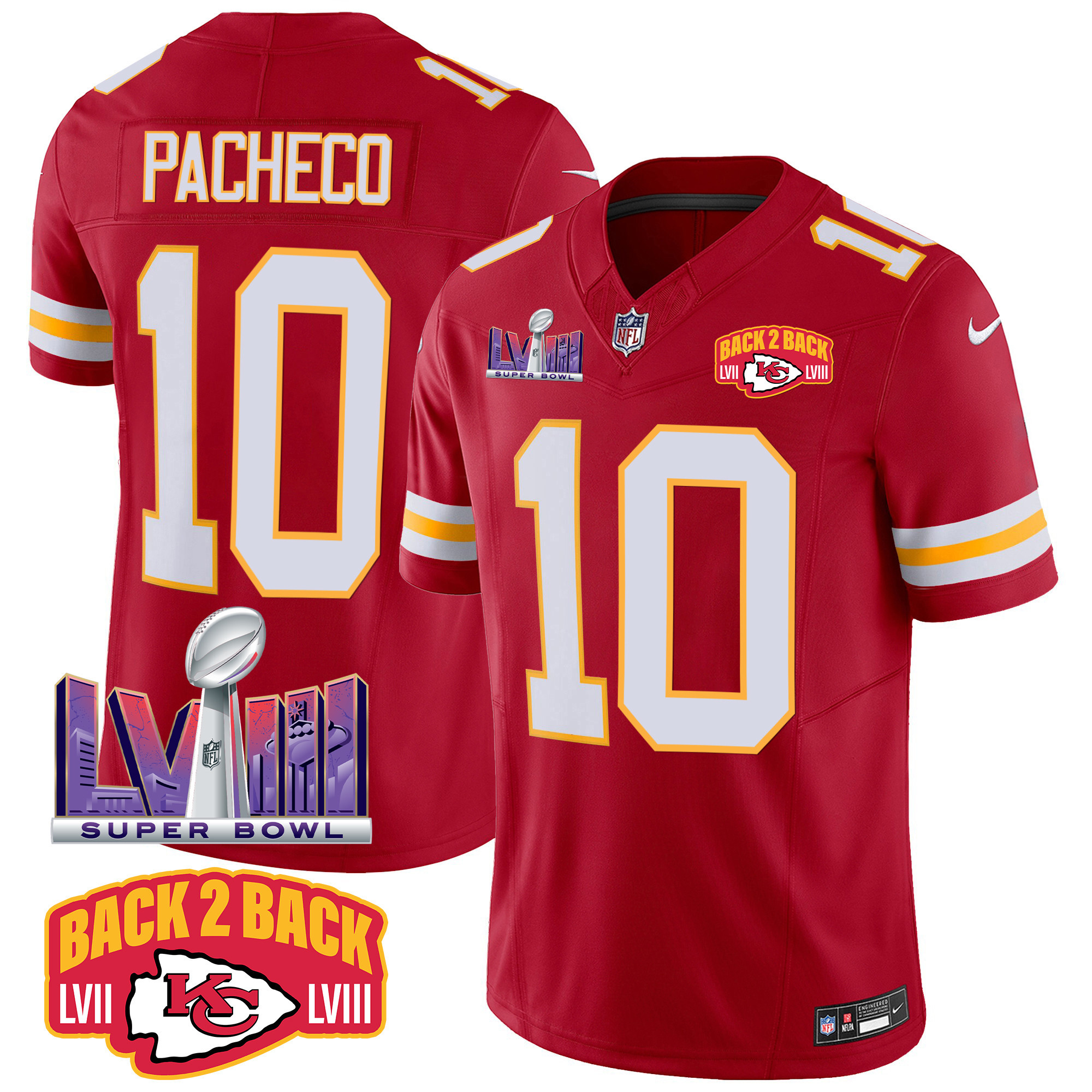 Isiah Pacheco Men's Kansas City Chiefs Super Bowl LVIII & Back 2 Back Patch Vapor Red Jersey - All Stitched