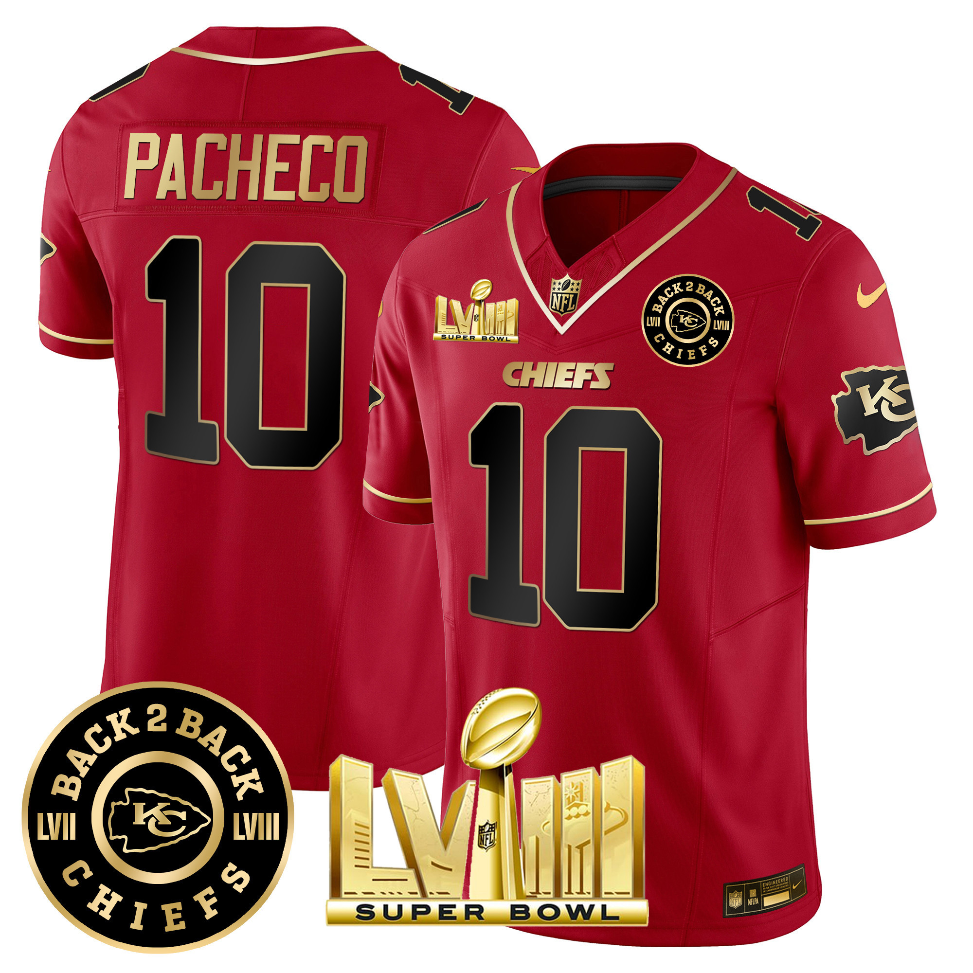Isiah Pacheco Men's Kansas City Chiefs Super Bowl LVIII & Back 2 Back Patch Vapor Red Special Jersey - All Stitched