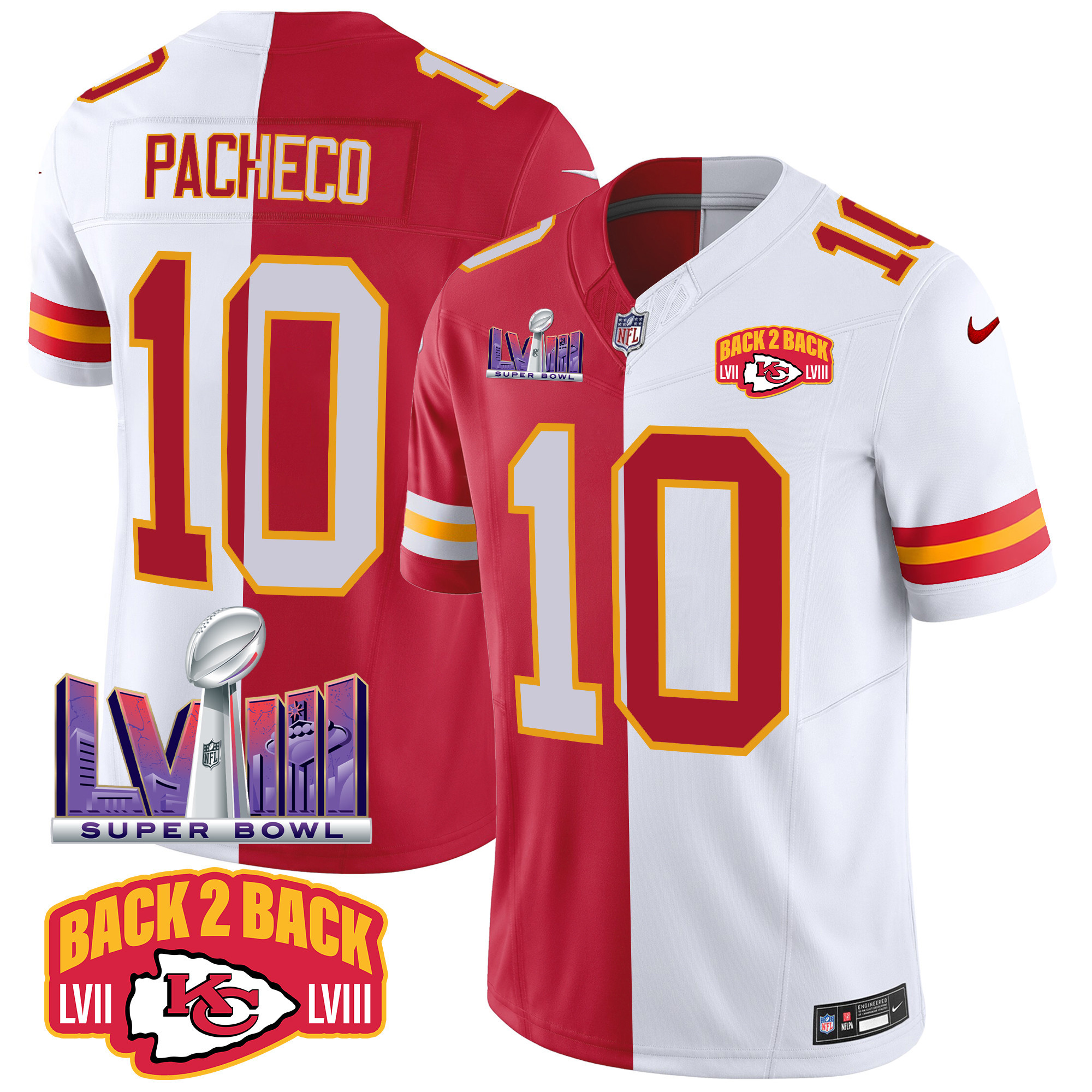 Isiah Pacheco Men's Kansas City Chiefs Super Bowl LVIII & Back 2 Back Patch Vapor Split Jersey - All Stitched