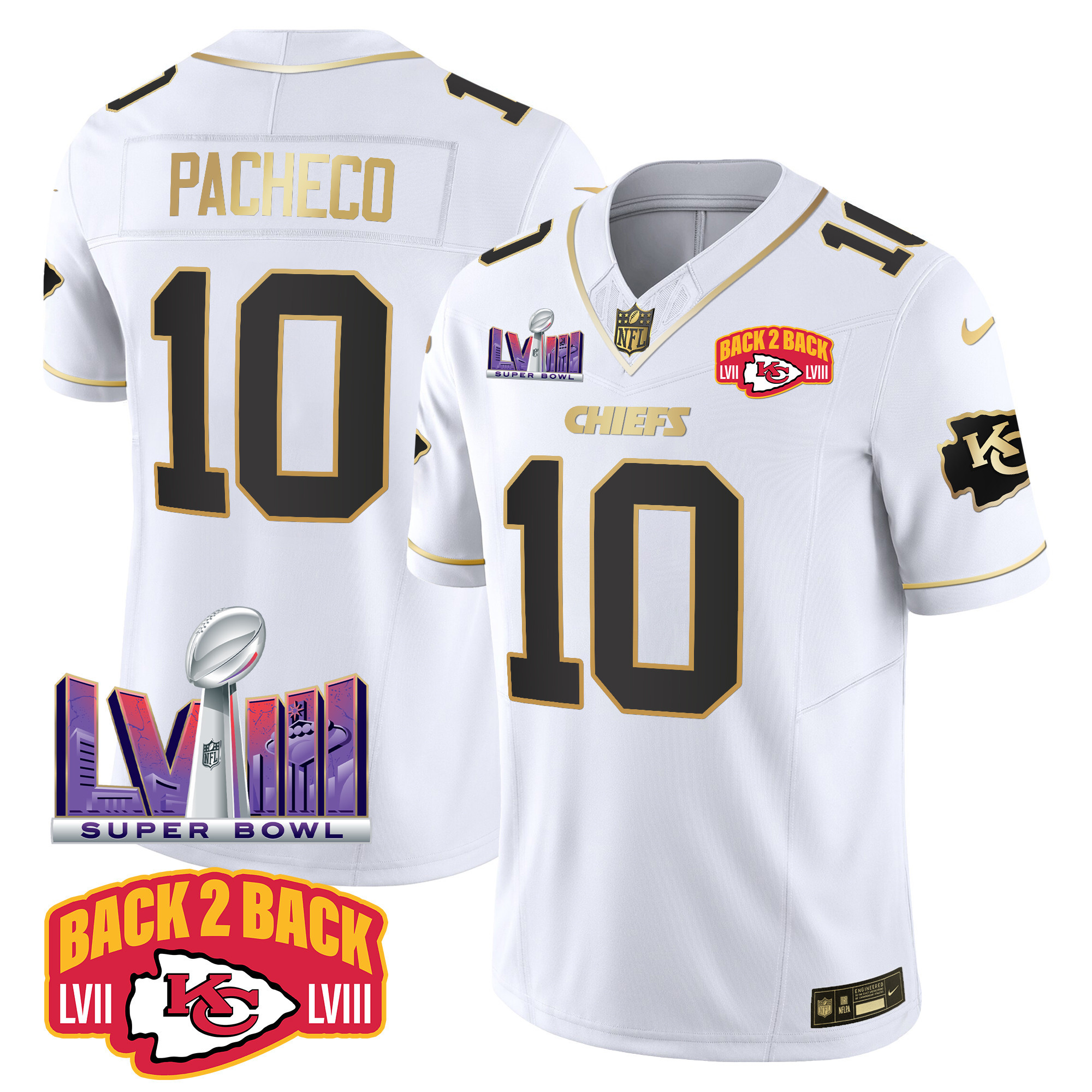 Isiah Pacheco Men's Kansas City Chiefs Super Bowl LVIII & Back 2 Back Patch Vapor White Gold Jersey - All Stitched