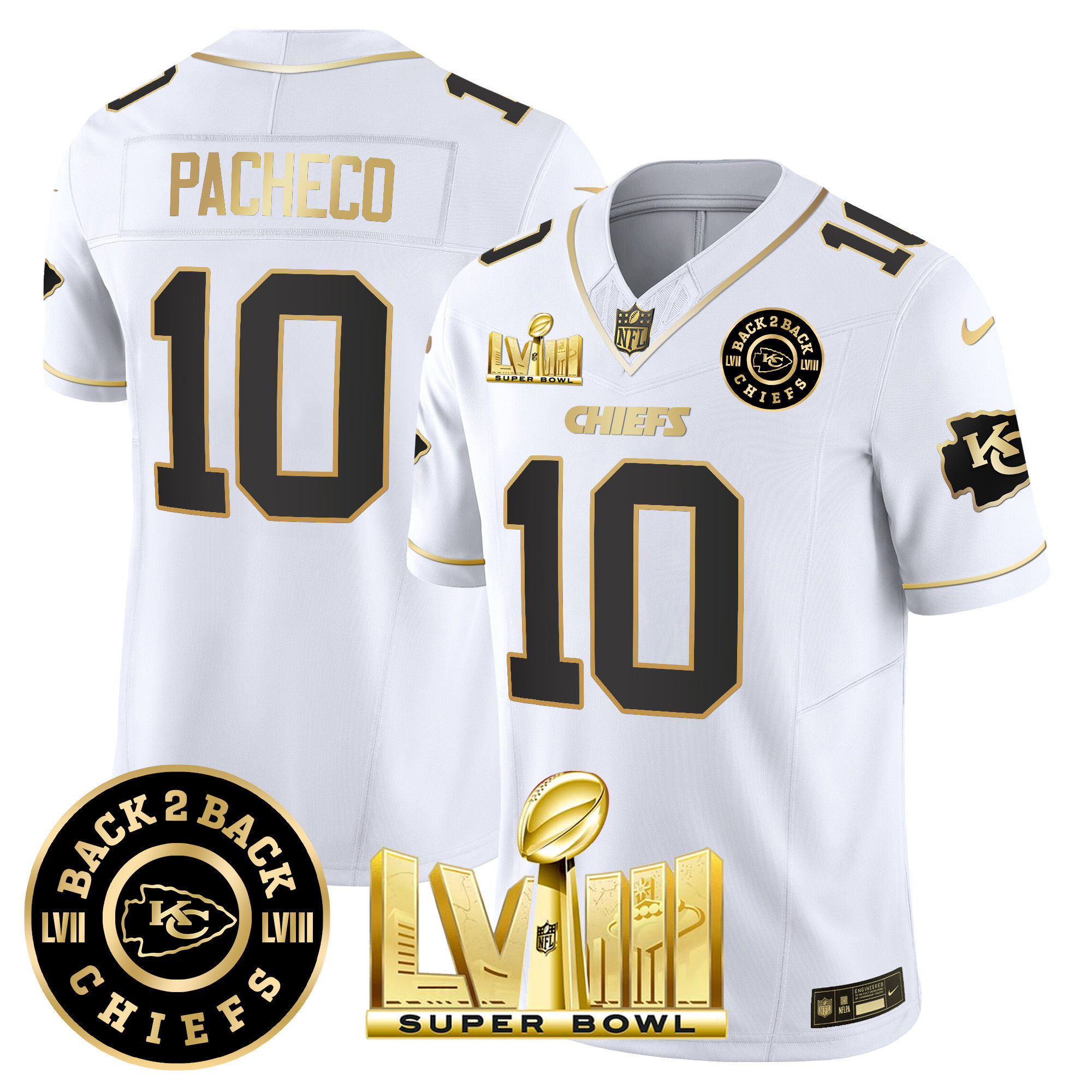 Isiah Pacheco Men's Kansas City Chiefs Super Bowl LVIII & Back 2 Back Patch Vapor White Gold Jersey - All Stitched