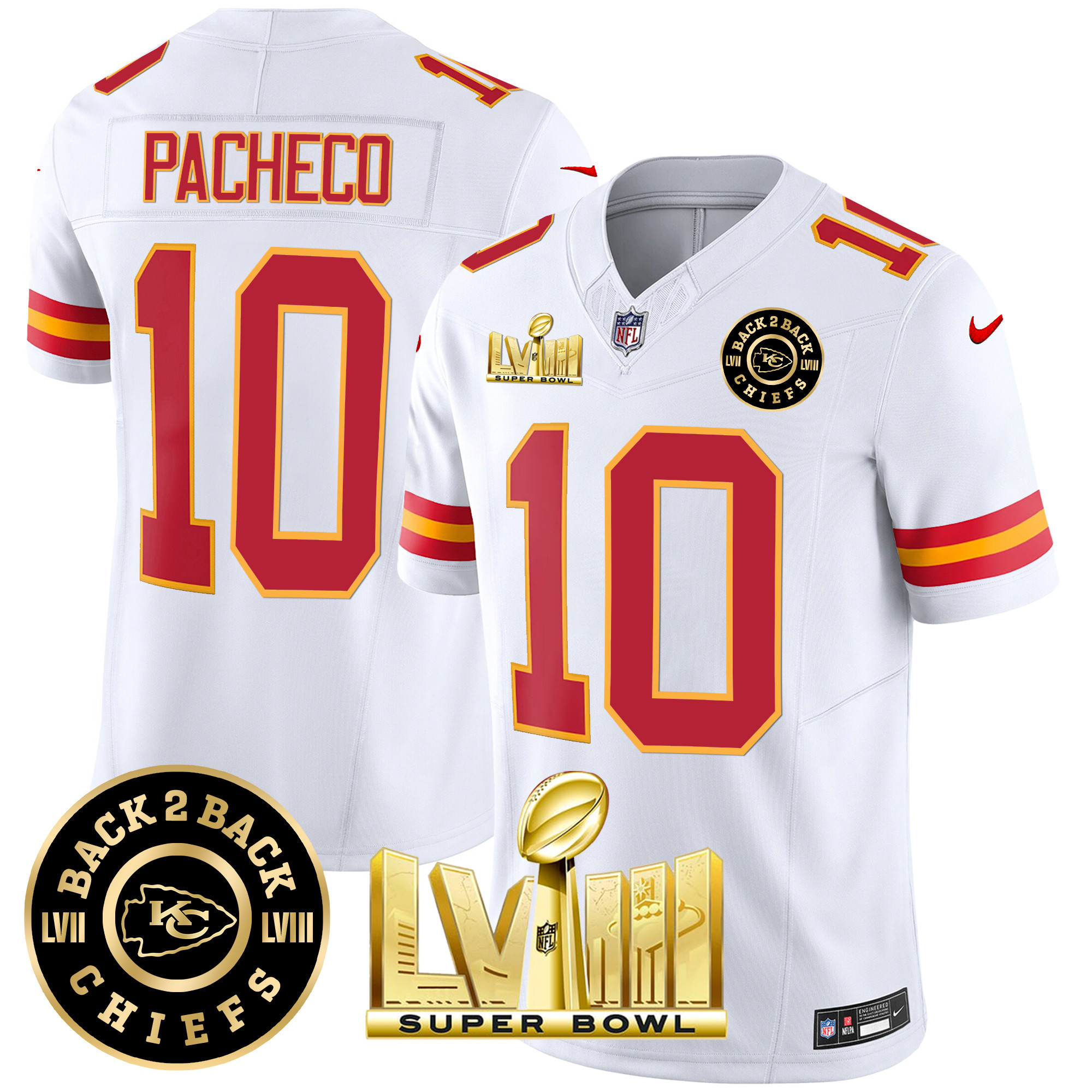 Isiah Pacheco Men's Kansas City Chiefs Super Bowl LVIII & Back 2 Back Patch Vapor White Jersey - All Stitched