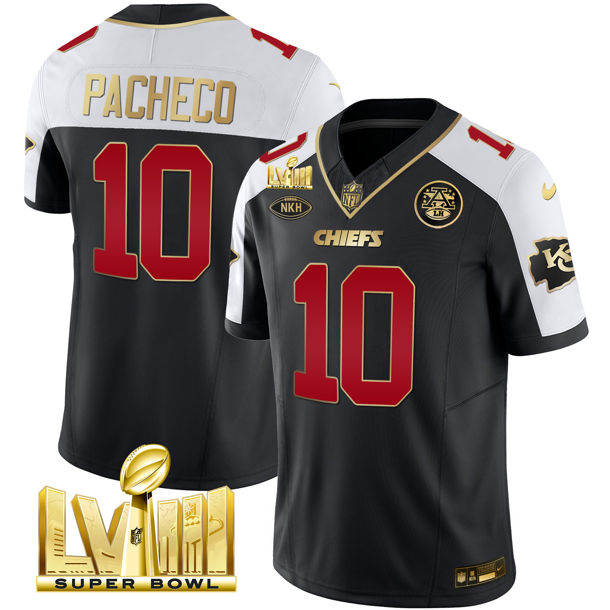 Isiah Pacheco Men's Kansas City Chiefs Super Bowl LVIII Gold Patch Vapor Black Alternate Jersey - All Stitched