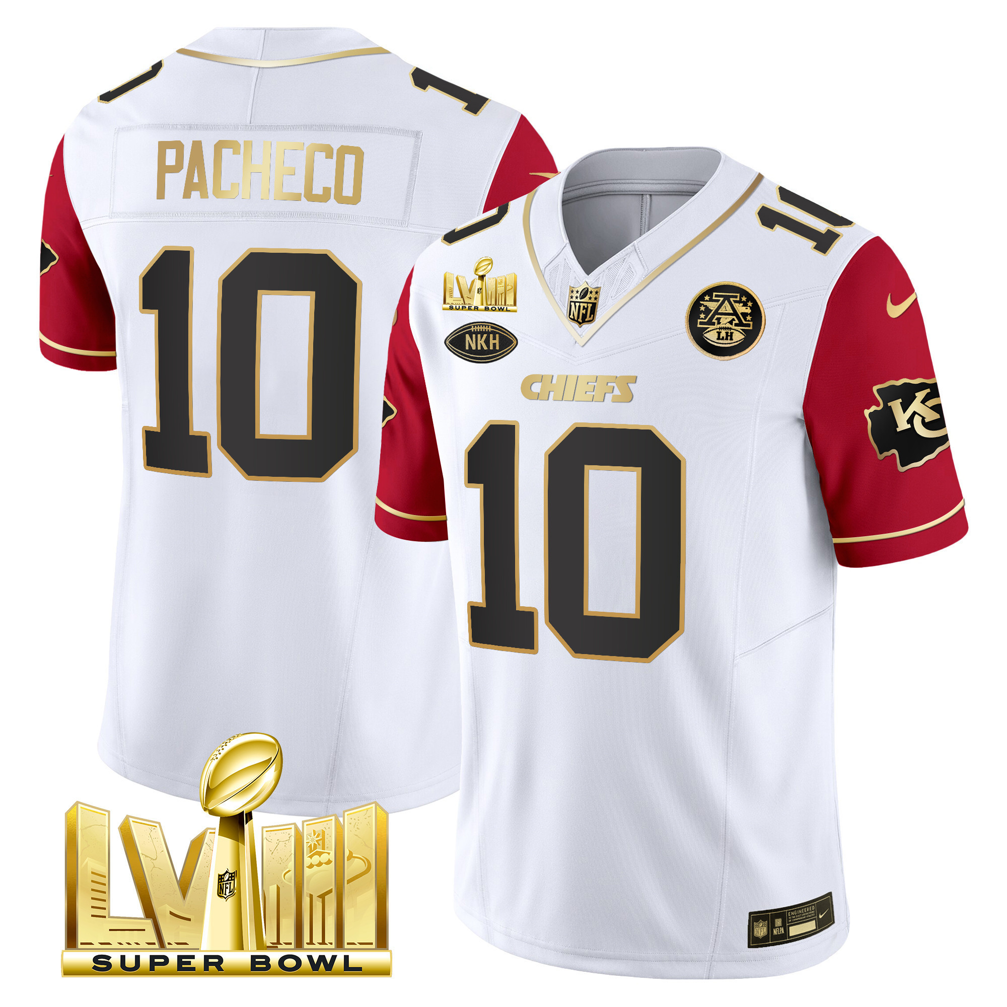 Isiah Pacheco Men's Kansas City Chiefs Super Bowl LVIII Gold Patch Vapor Color Sleeves Jersey - All Stitched
