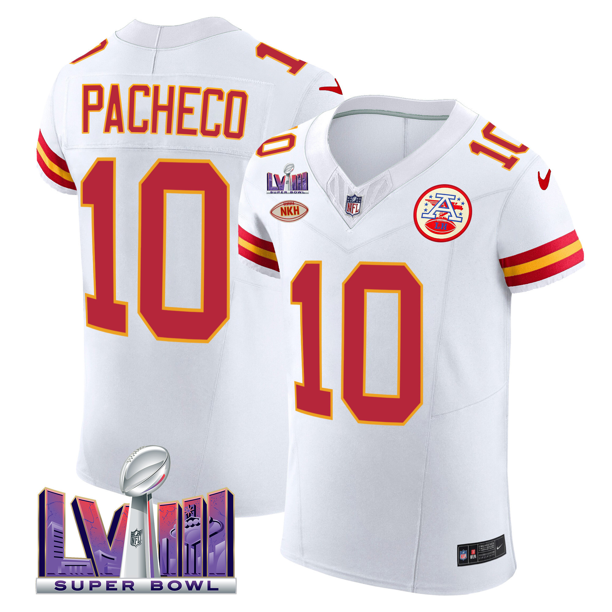 Isiah Pacheco Men's Kansas City Chiefs Super Bowl LVIII Gold Patch Vapor Elite White Jersey - All Stitched