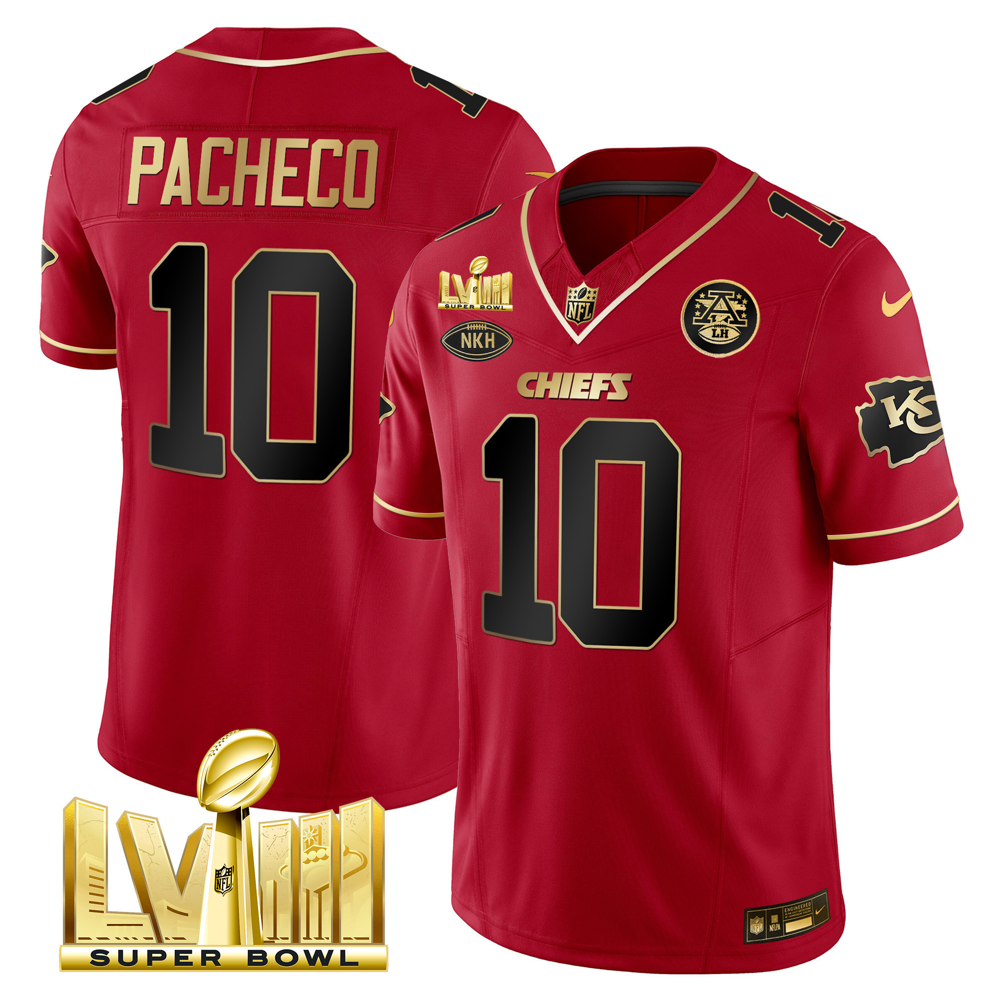 Isiah Pacheco Men's Kansas City Chiefs Super Bowl LVIII Gold Patch Vapor Red Gold Jersey - All Stitched