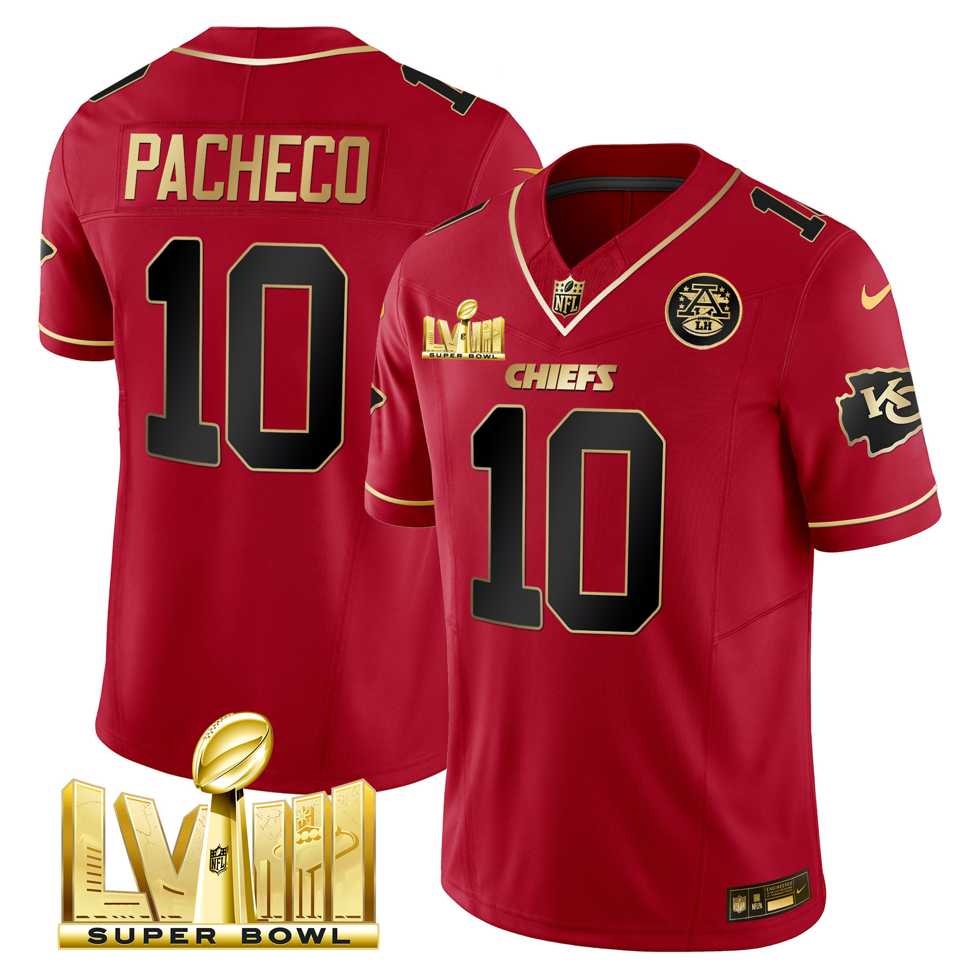 Isiah Pacheco Men's Kansas City Chiefs Super Bowl LVIII Gold Patch Vapor Red Special Jersey - All Stitched