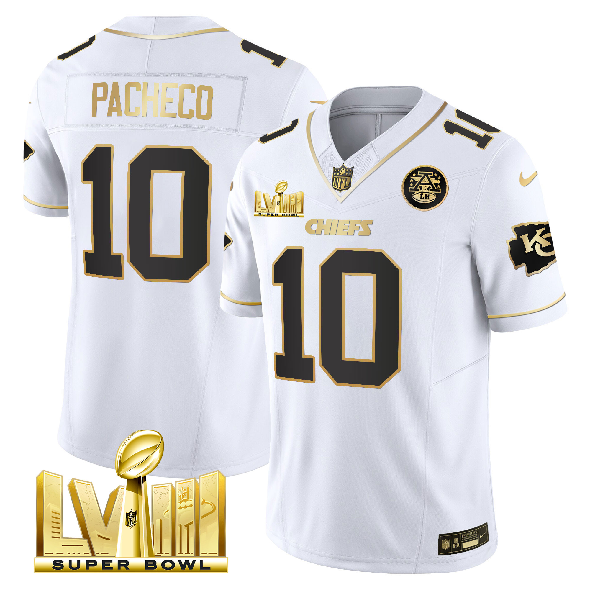 Isiah Pacheco Men's Kansas City Chiefs Super Bowl LVIII Gold Patch Vapor White Gold Jersey - All Stitched