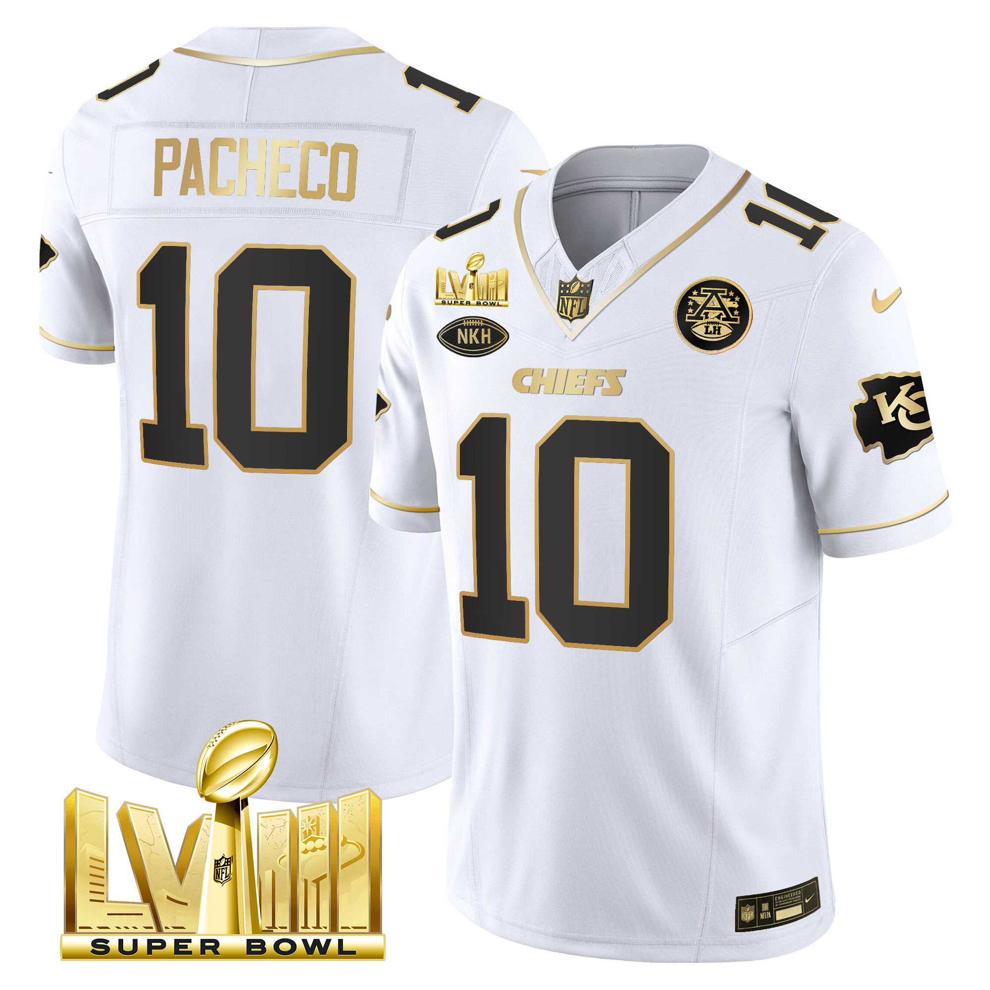 Isiah Pacheco Men's Kansas City Chiefs Super Bowl LVIII Gold Patch Vapor White Gold Jersey - All Stitched