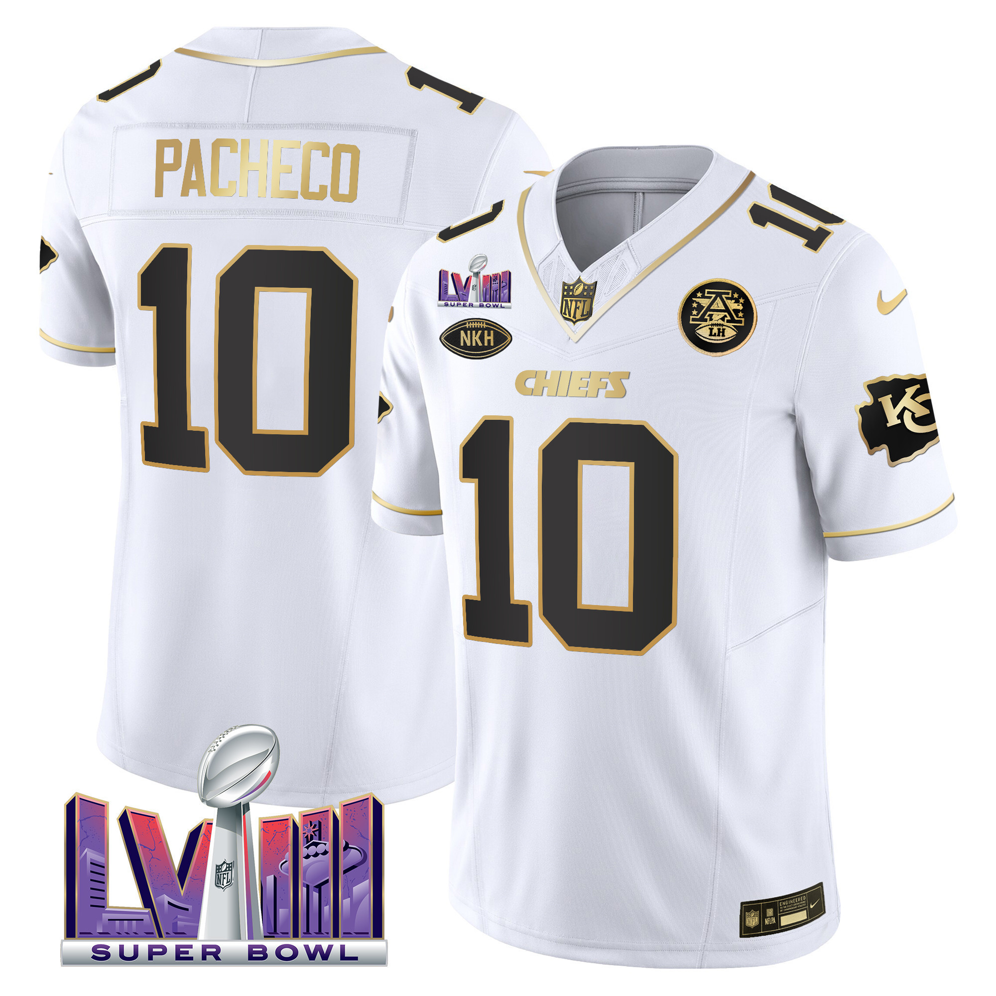 Isiah Pacheco Men's Kansas City Chiefs Super Bowl LVIII Patch Vapor White Gold Jersey - All Stitched