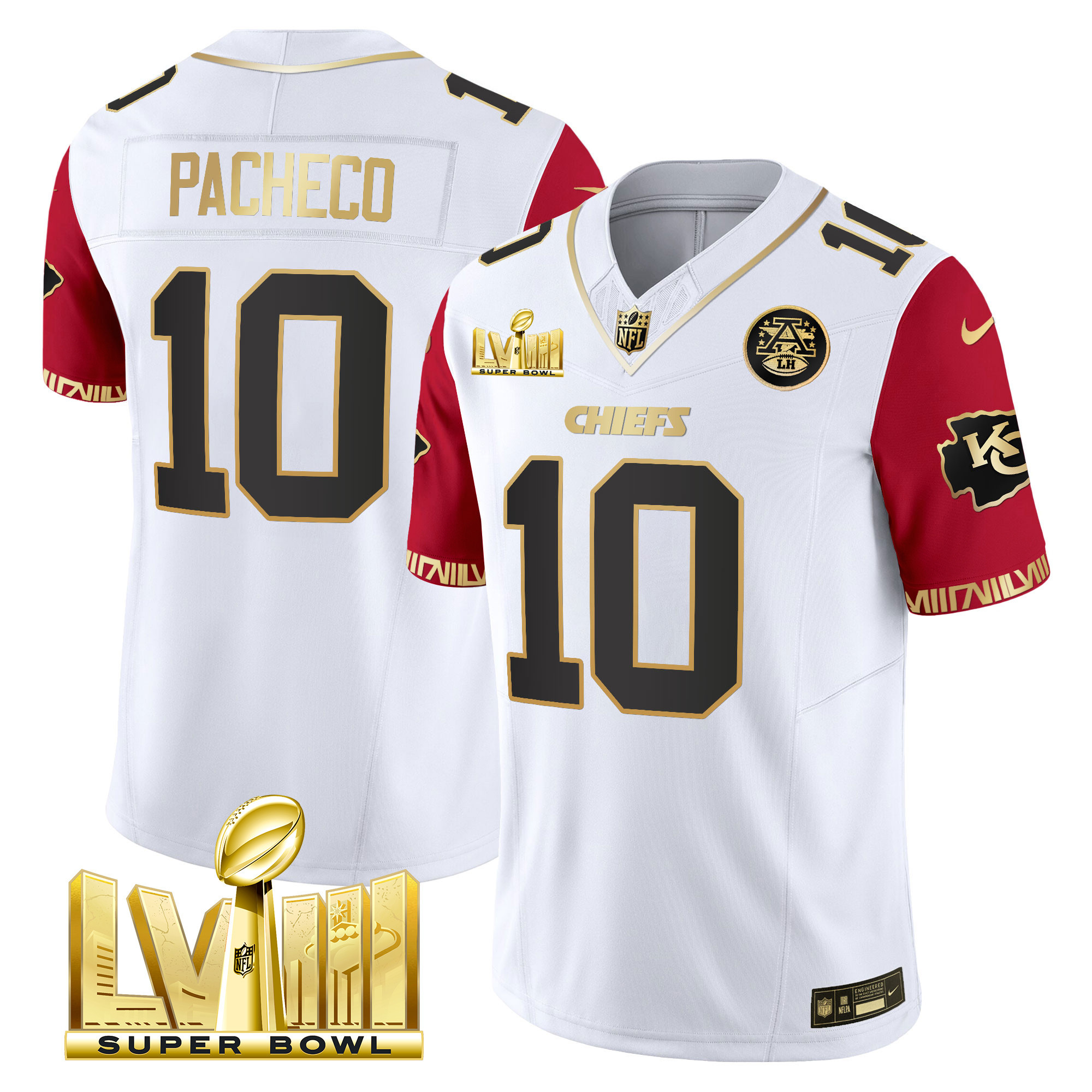 Isiah Pacheco Men's Kansas City Chiefs Super Bowl LVIII Pattern Gold Vapor Color Sleeves Jersey - All Stitched