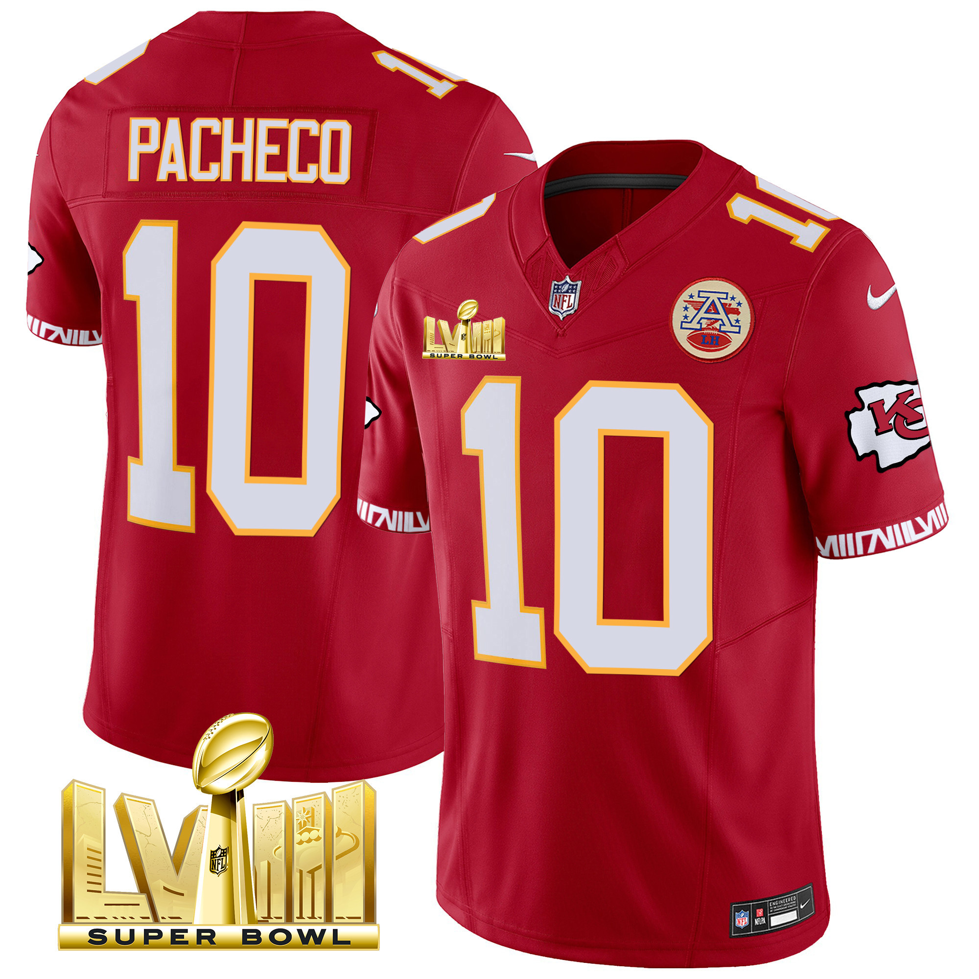 Isiah Pacheco Men's Kansas City Chiefs Super Bowl LVIII Pattern Gold Vapor Red Jersey - All Stitched