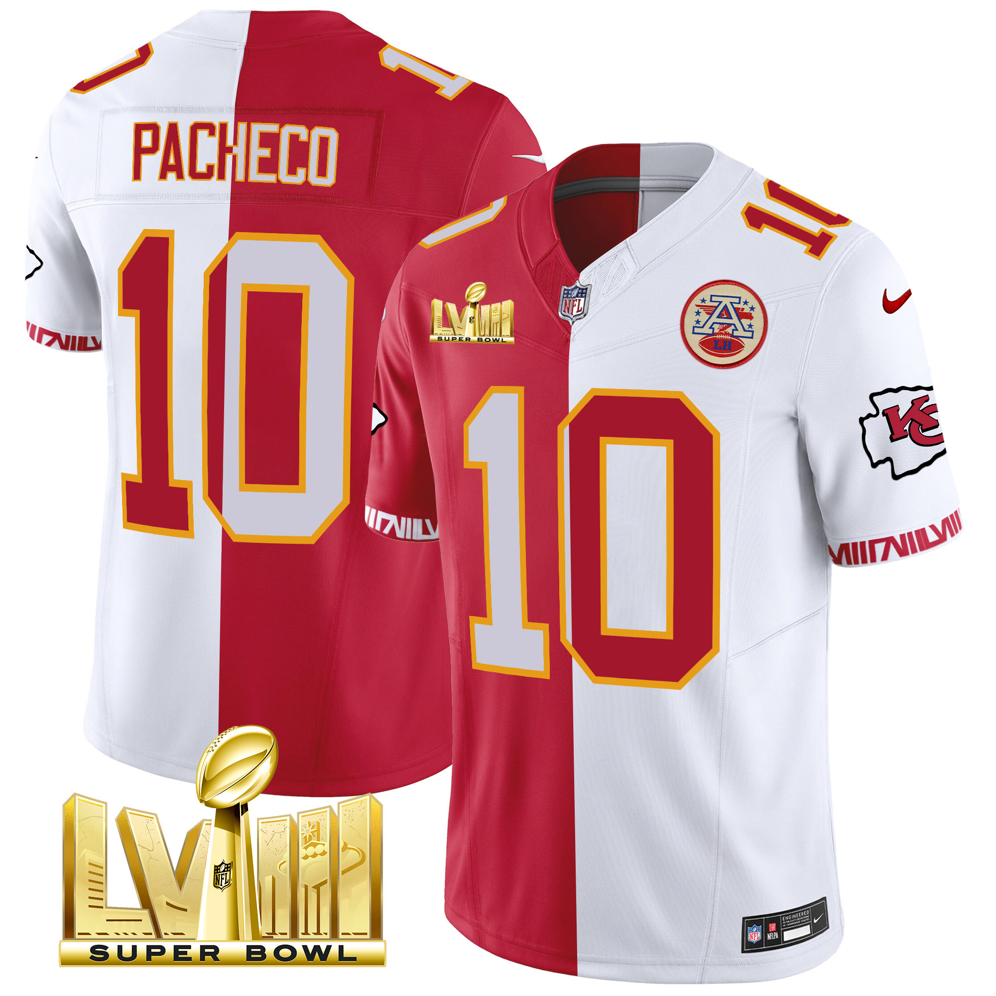 Isiah Pacheco Men's Kansas City Chiefs Super Bowl LVIII Pattern Gold Vapor Split Jersey - All Stitched