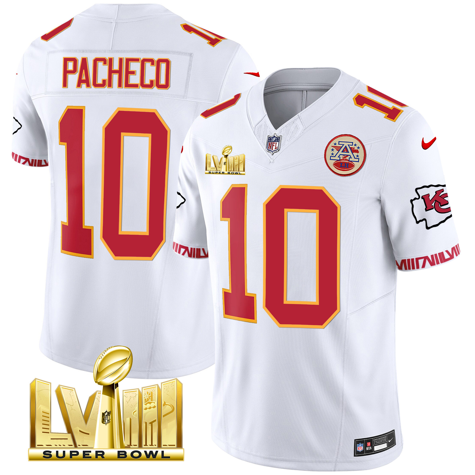 Isiah Pacheco Men's Kansas City Chiefs Super Bowl LVIII Pattern Gold Vapor White Jersey - All Stitched