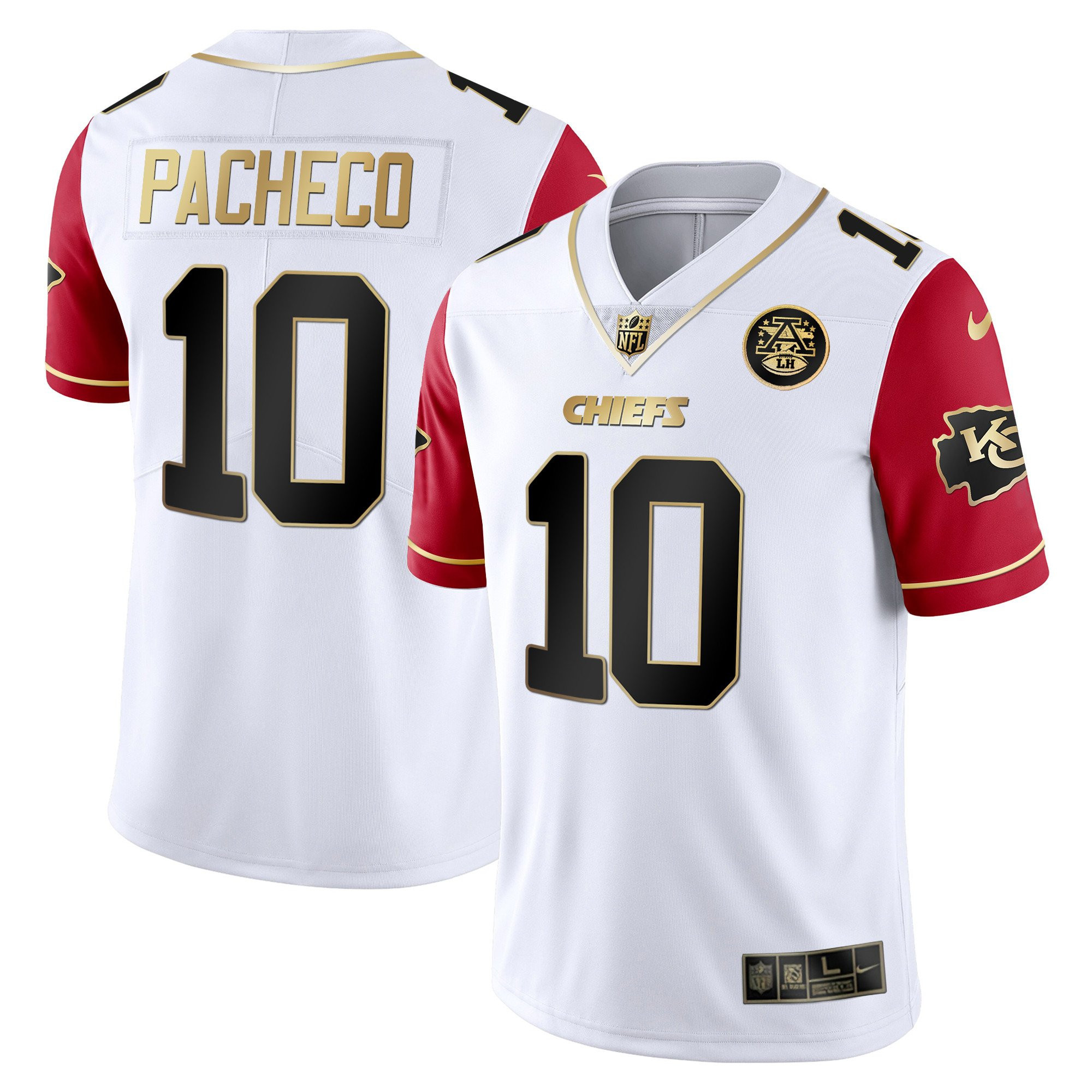Isiah Pacheco Men's Kansas City Chiefs White Gold & Black Gold - All Stitched Red Sleeves Jersey - All Stitched