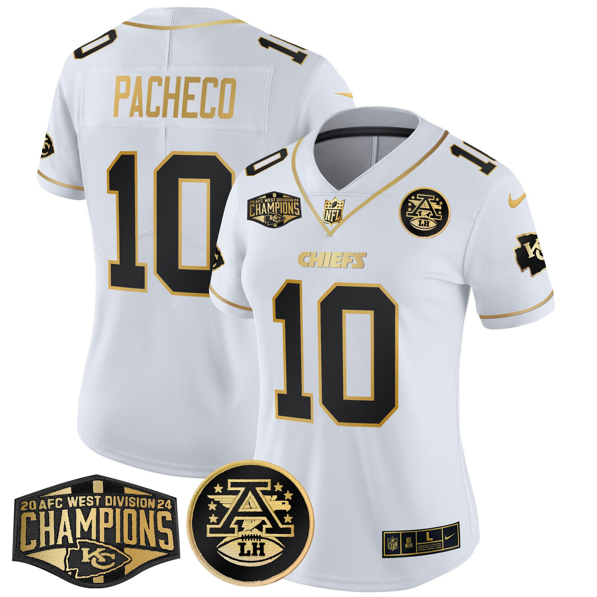 Isiah Pacheco Women's Kansas City Chiefs 2024 AFC West Division Champions Patch Gold Vapor Limited White Gold Jersey - All Stitched