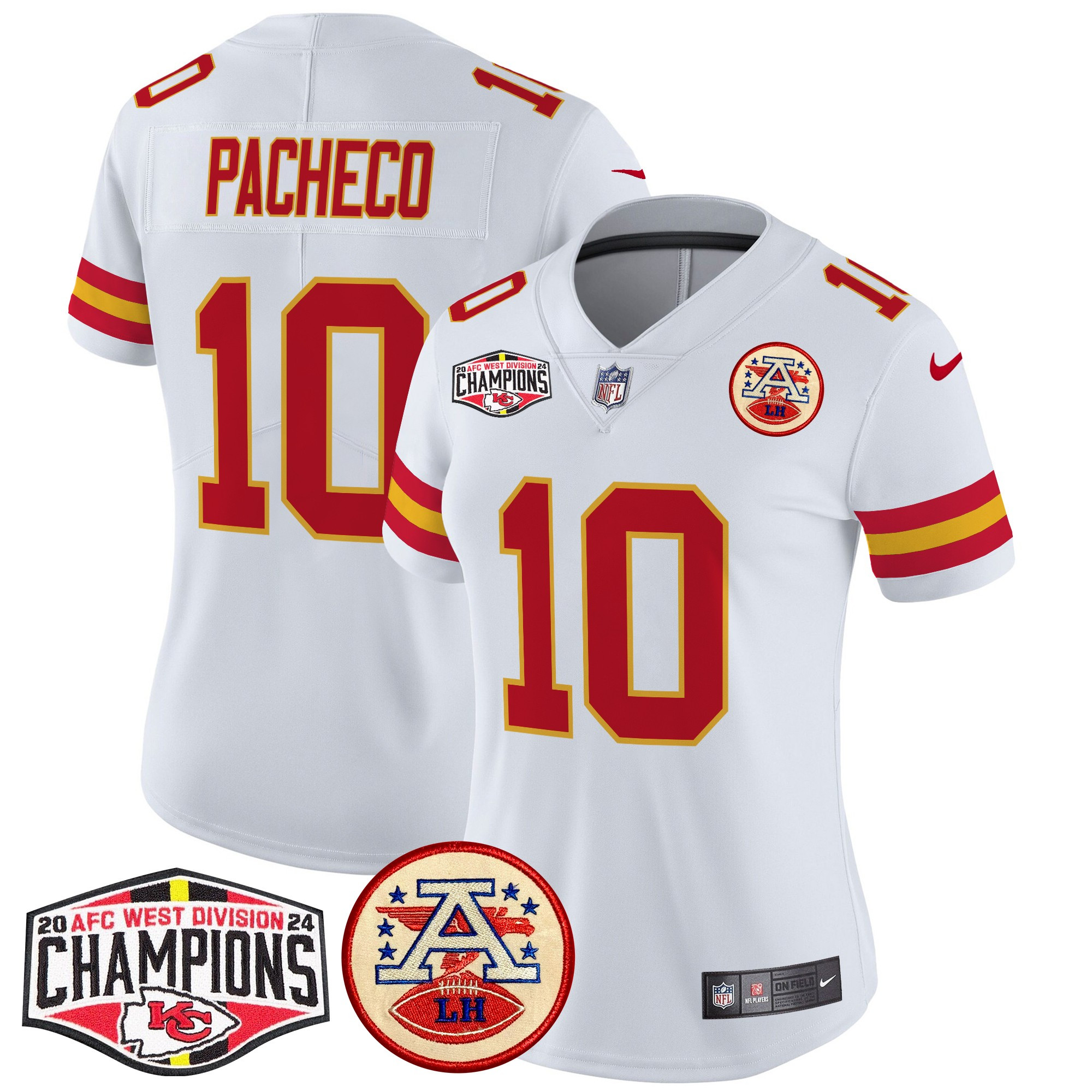 Isiah Pacheco Women's Kansas City Chiefs 2024 AFC West Division Champions Patch Vapor Limited White Jersey - All Stitched