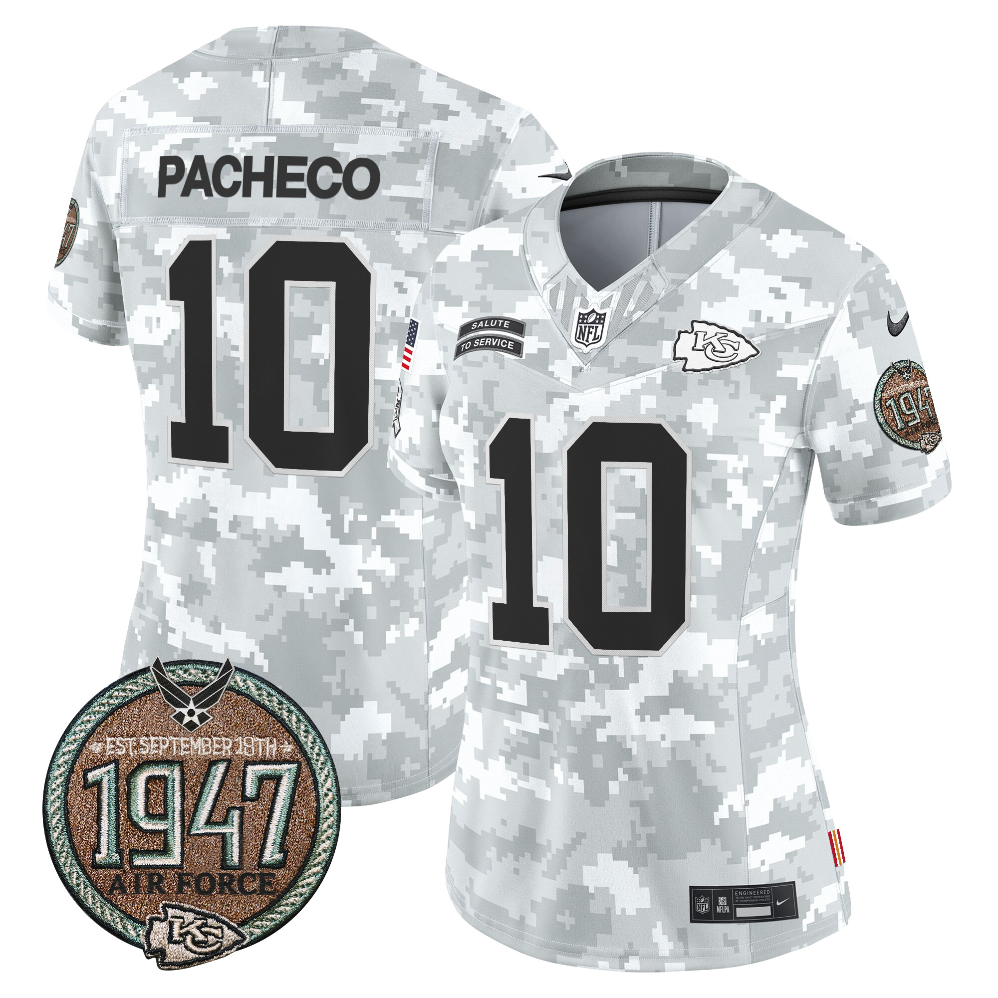Isiah Pacheco Women's Kansas City Chiefs 2024 Salute to Service Establishment Year Patch Vapor Limited Air Force Jersey - All Stitched
