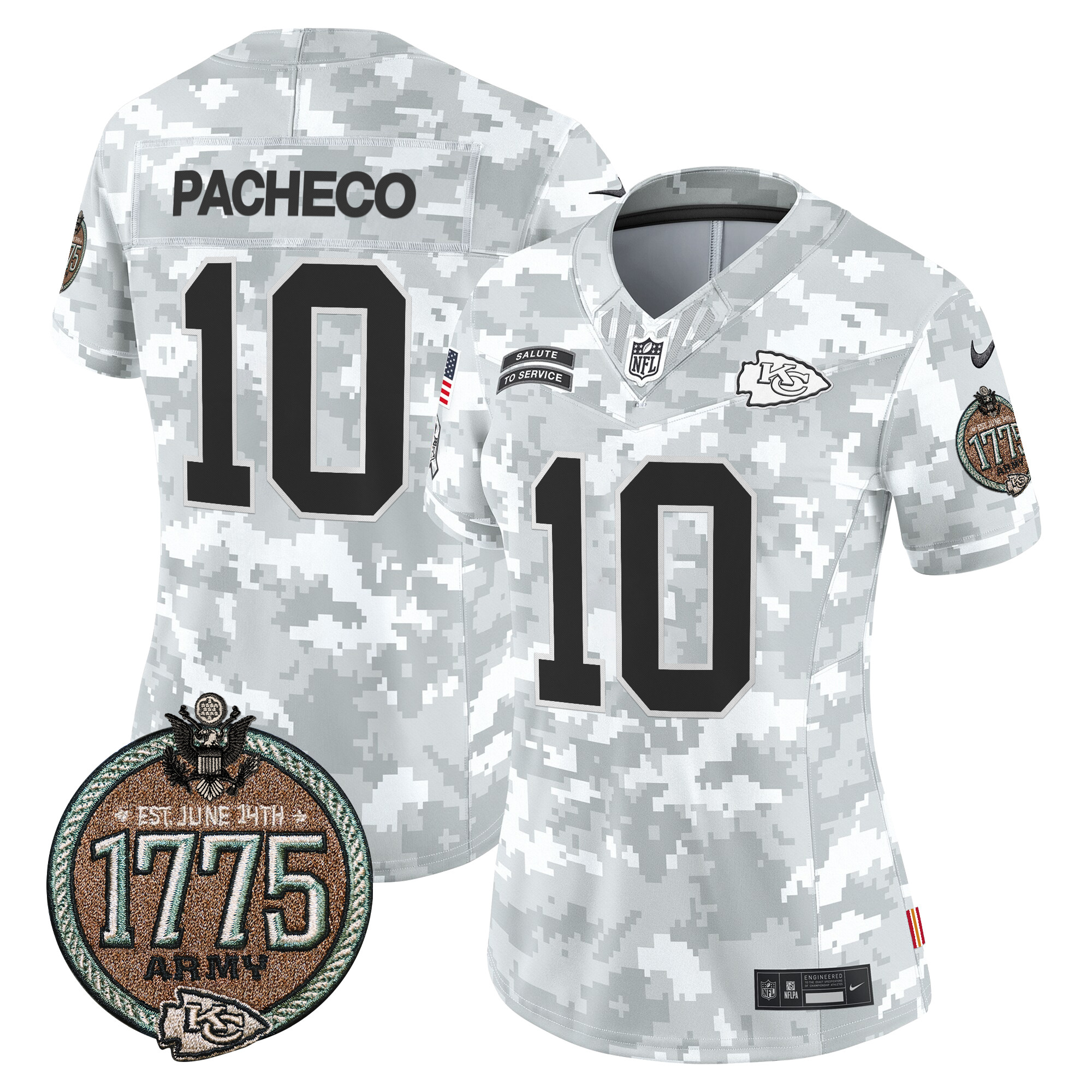 Isiah Pacheco Women's Kansas City Chiefs 2024 Salute to Service Establishment Year Patch Vapor Limited Army Jersey - All Stitched