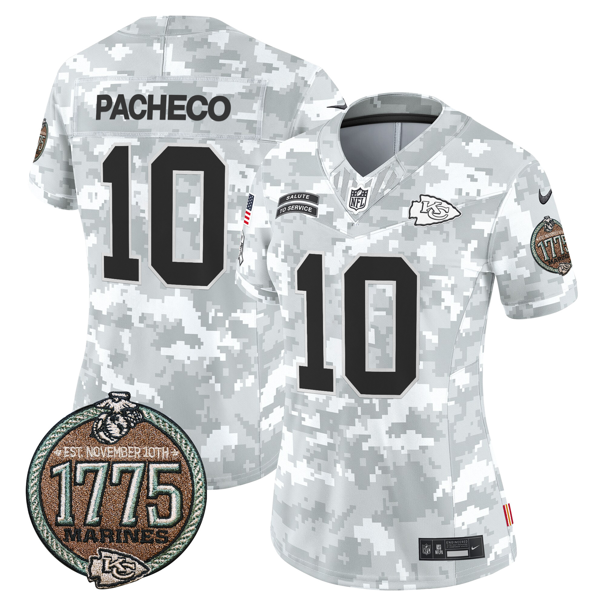 Isiah Pacheco Women's Kansas City Chiefs 2024 Salute to Service Establishment Year Patch Vapor Limited Marines Jersey - All Stitched