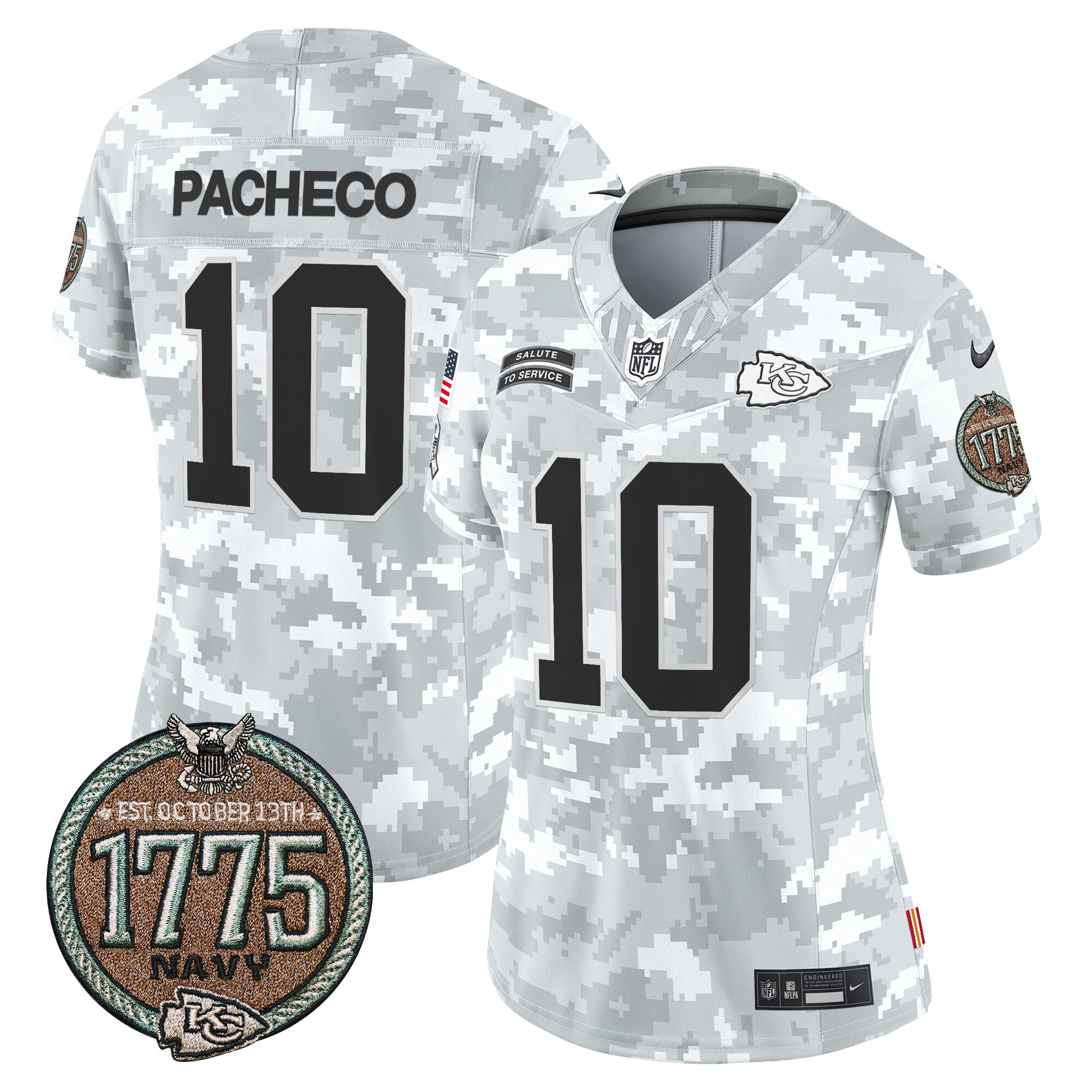 Isiah Pacheco Women's Kansas City Chiefs 2024 Salute to Service Establishment Year Patch Vapor Limited Navy Jersey - All Stitched