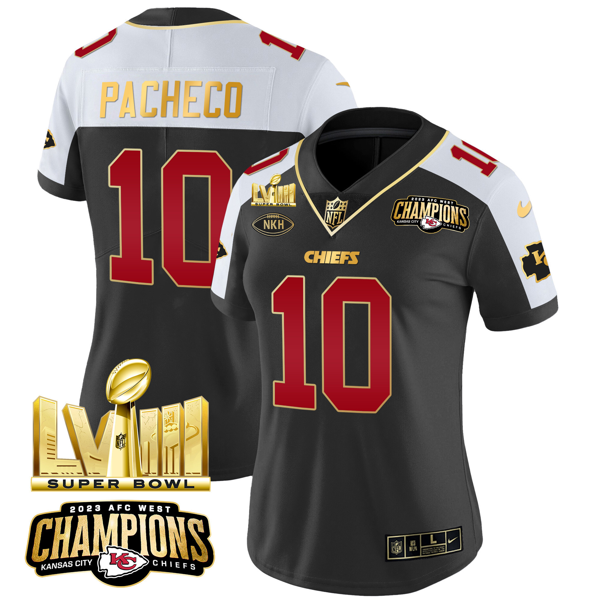 Isiah Pacheco Women's Kansas City Chiefs AFC West Champions & Super Bowl LVIII Gold Patch Vapor Black Alternate Jersey - All Stitched