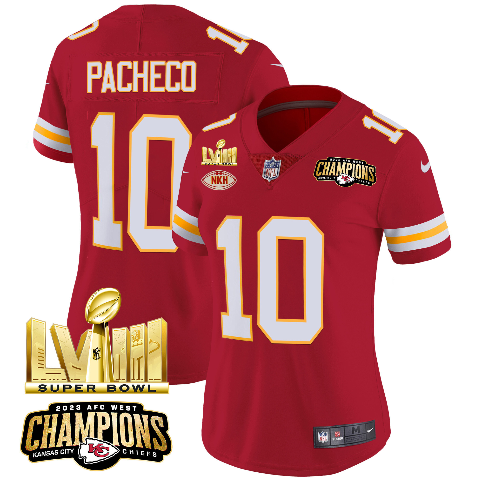Isiah Pacheco Women's Kansas City Chiefs AFC West Champions & Super Bowl LVIII Gold Patch Vapor Red Jersey - All Stitched