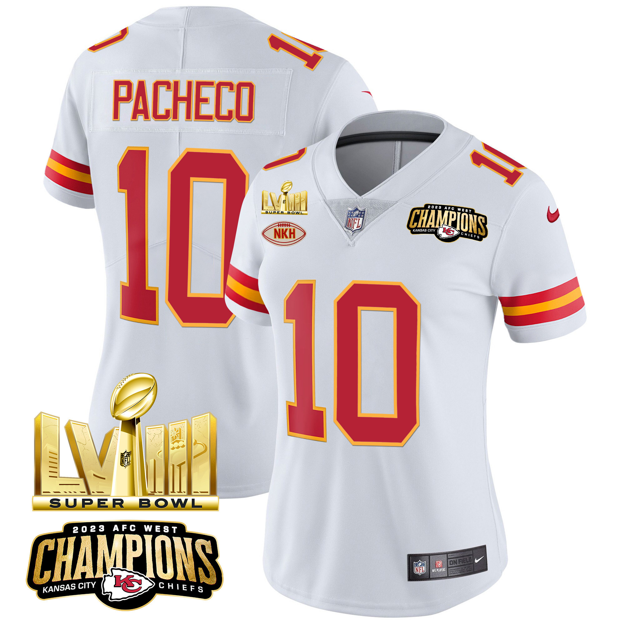 Isiah Pacheco Women's Kansas City Chiefs AFC West Champions & Super Bowl LVIII Gold Patch Vapor White Jersey - All Stitched