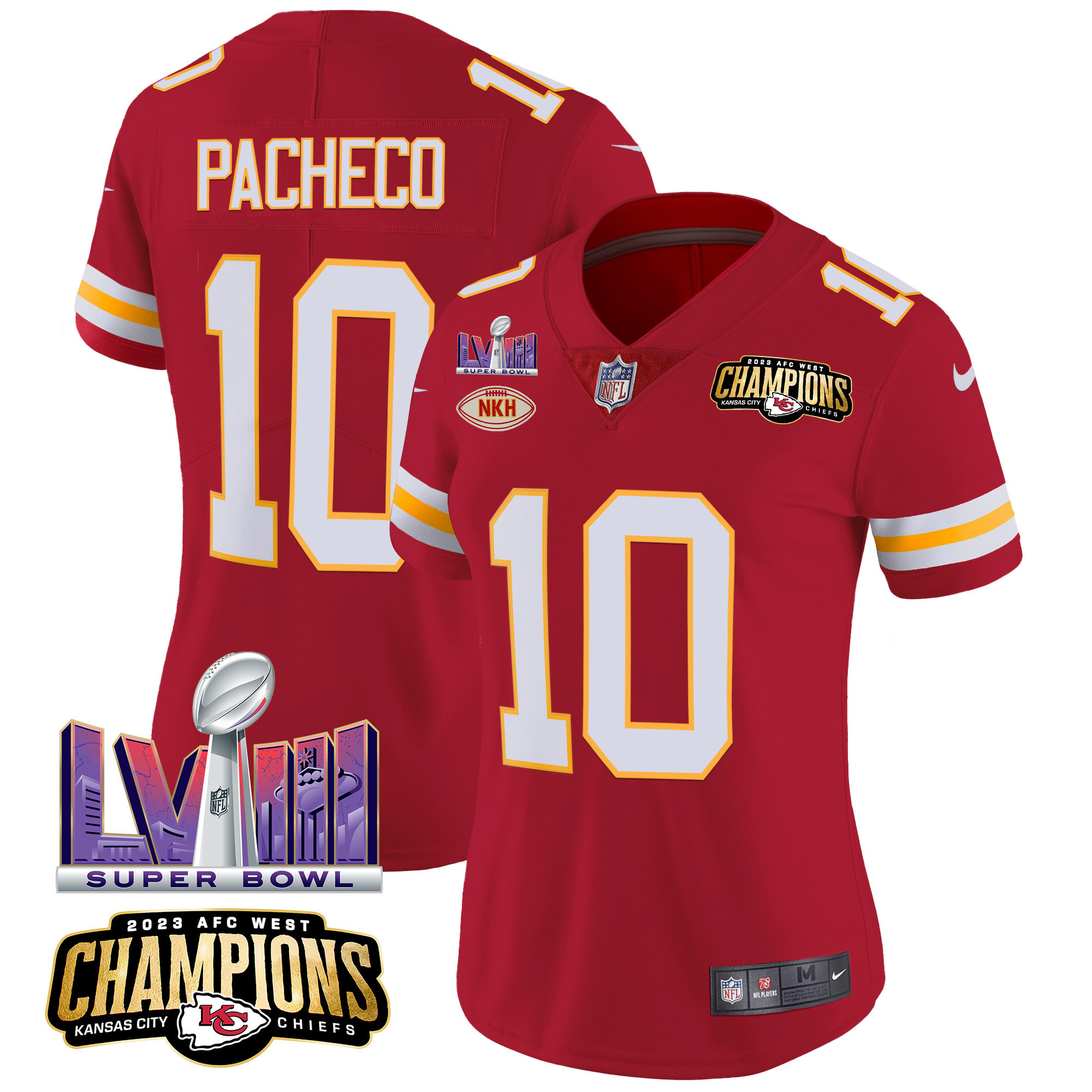 Isiah Pacheco Women's Kansas City Chiefs AFC West Champions & Super Bowl LVIII Patch Vapor Red Jersey - All Stitched