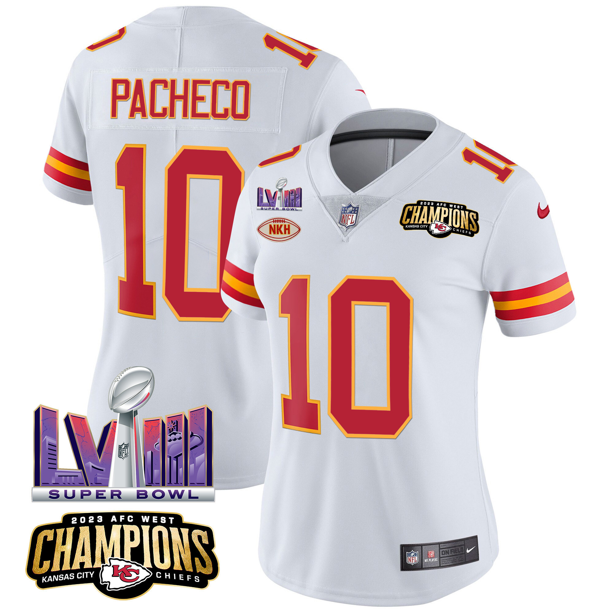 Isiah Pacheco Women's Kansas City Chiefs AFC West Champions & Super Bowl LVIII Patch Vapor White Jersey - All Stitched