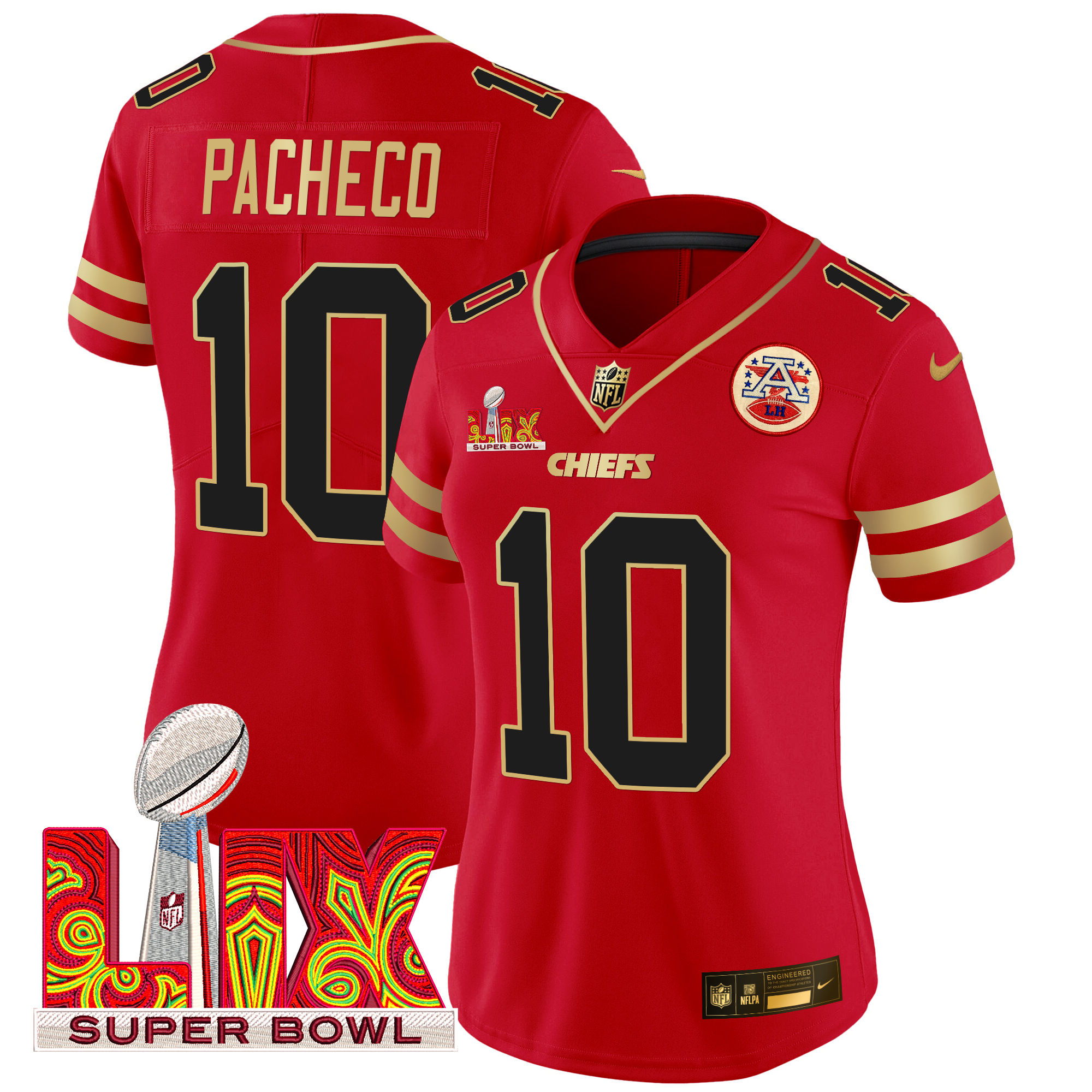 Isiah Pacheco Women's Kansas City Chiefs Super Bowl LIX Patch Gold Trim Vapor Limited Red Jersey - All Stitched