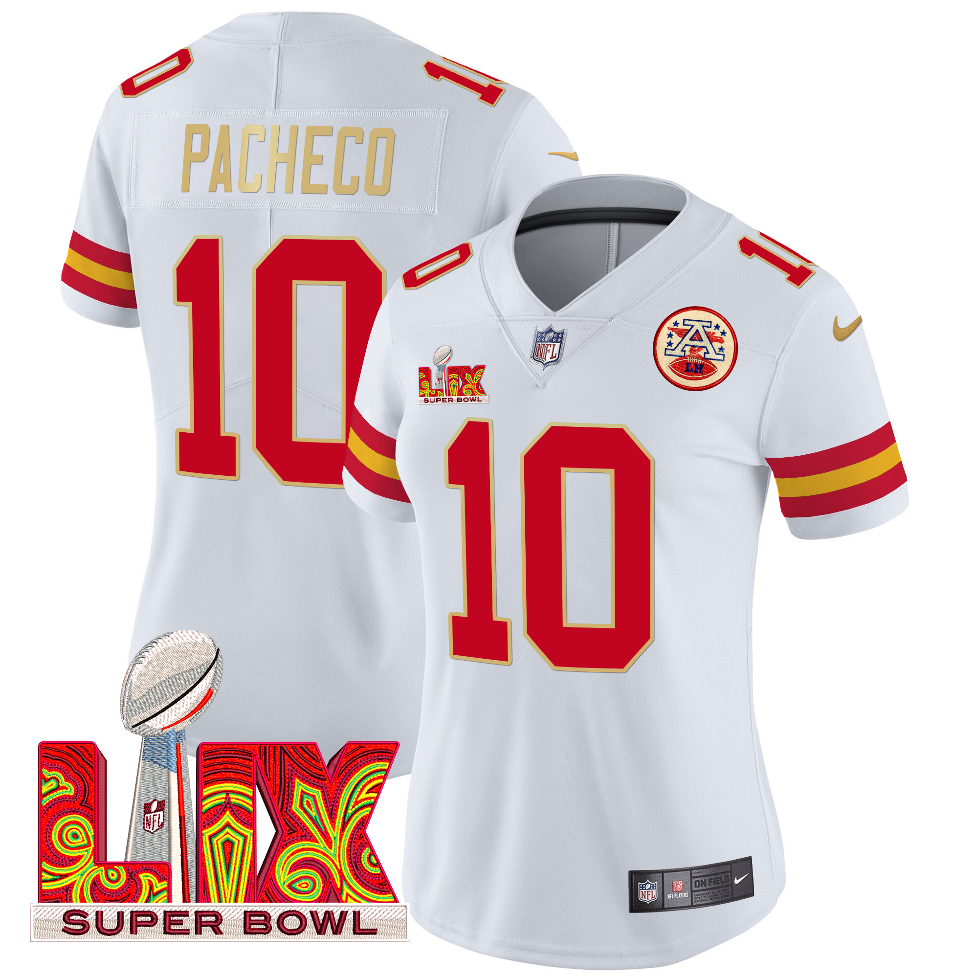Isiah Pacheco Women's Kansas City Chiefs Super Bowl LIX Patch Gold Trim Vapor Limited White Jersey - All Stitched