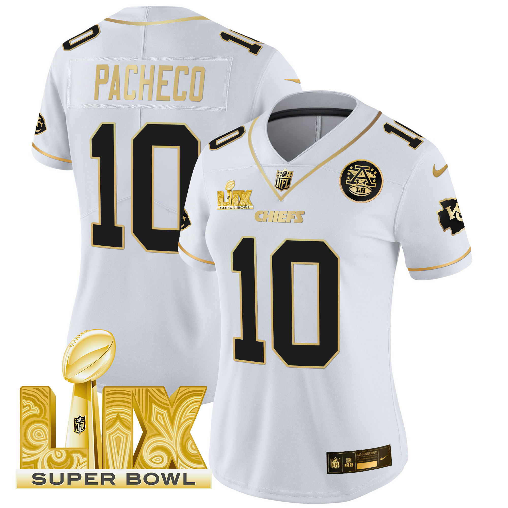 Isiah Pacheco Women's Kansas City Chiefs Super Bowl LIX Patch Gold Vapor Limited White Gold Jersey - All Stitched