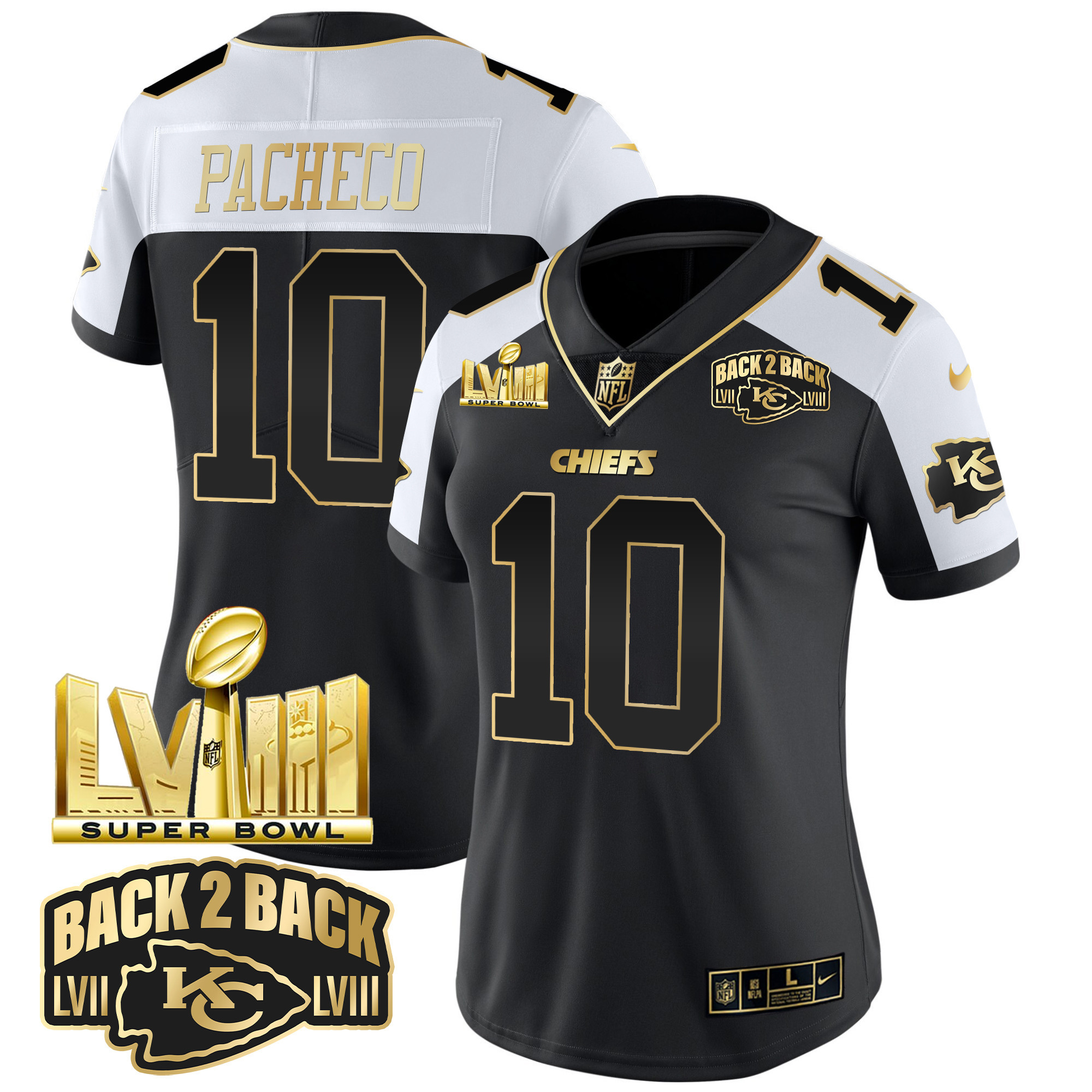 Isiah Pacheco Women's Kansas City Chiefs Super Bowl LVIII & Back 2 Back Gold Patch Vapor Alternate Jersey - All Stitched
