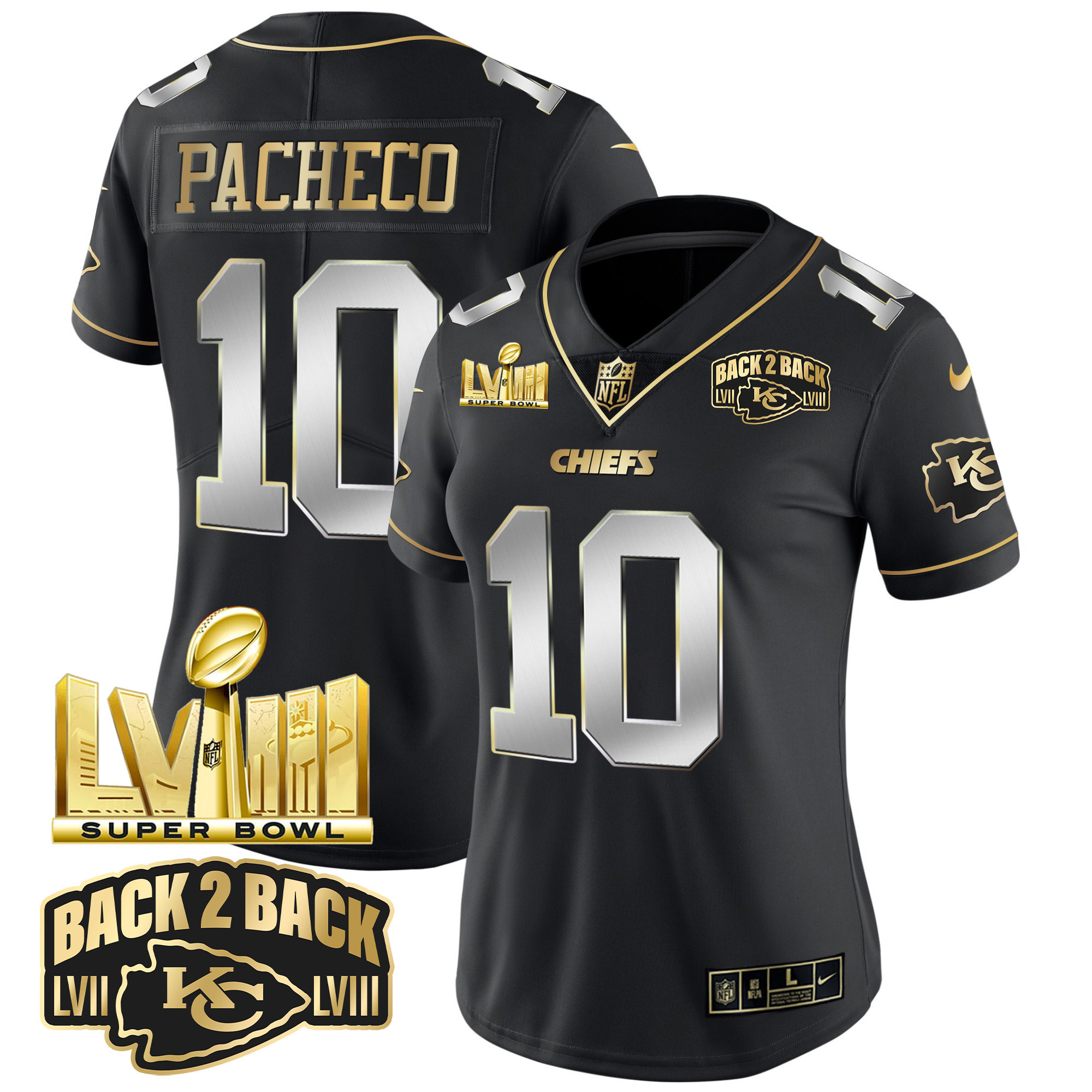 Isiah Pacheco Women's Kansas City Chiefs Super Bowl LVIII & Back 2 Back Gold Patch Vapor Black Limited Jersey - All Stitched