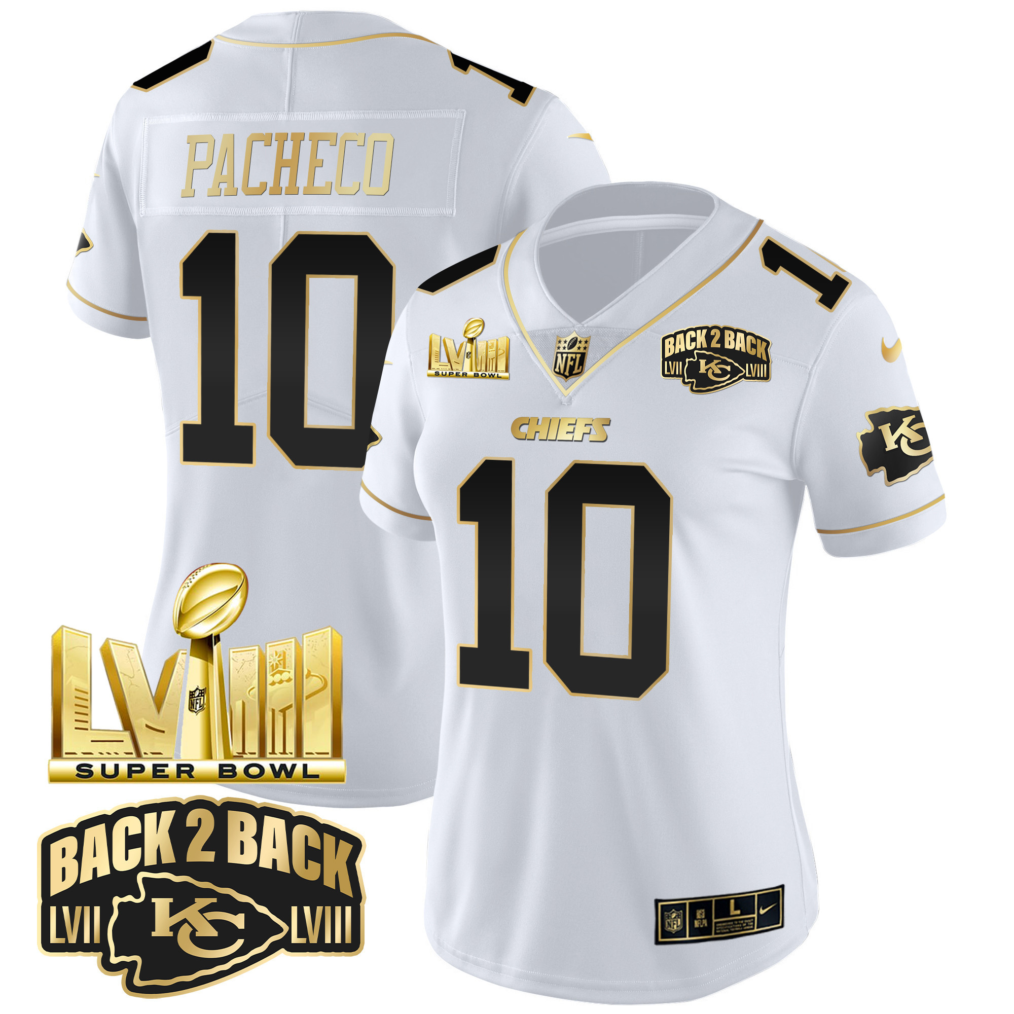 Isiah Pacheco Women's Kansas City Chiefs Super Bowl LVIII & Back 2 Back Gold Patch Vapor White Gold Jersey - All Stitched