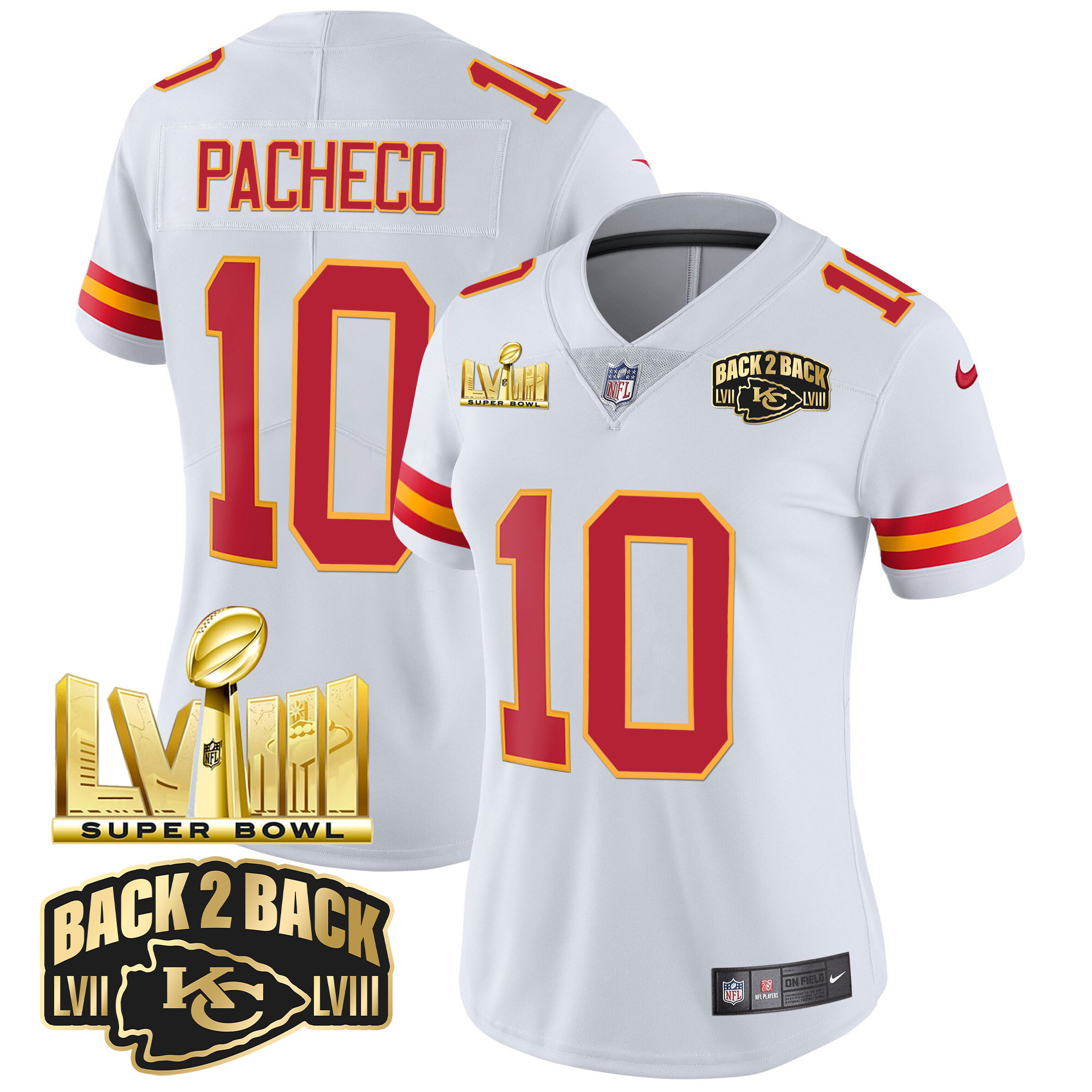 Isiah Pacheco Women's Kansas City Chiefs Super Bowl LVIII & Back 2 Back Gold Patch Vapor White Jersey - All Stitched