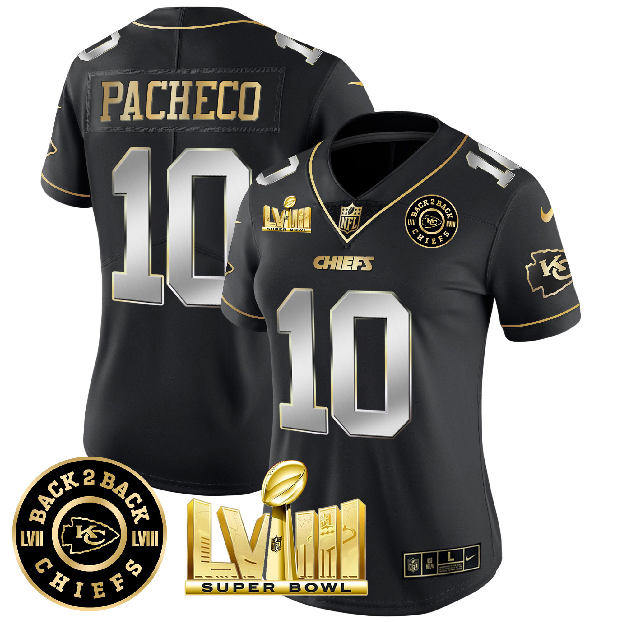 Isiah Pacheco Women's Kansas City Chiefs Super Bowl LVIII & Back 2 Back Patch Vapor Black Limited Jersey - All Stitched