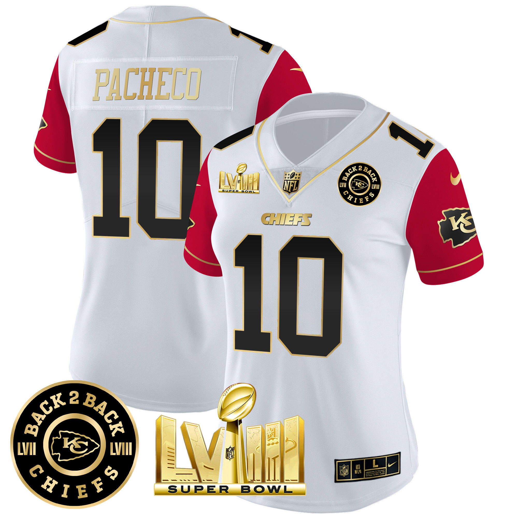 Isiah Pacheco Women's Kansas City Chiefs Super Bowl LVIII & Back 2 Back Patch Vapor Color Sleeves Jersey - All Stitched