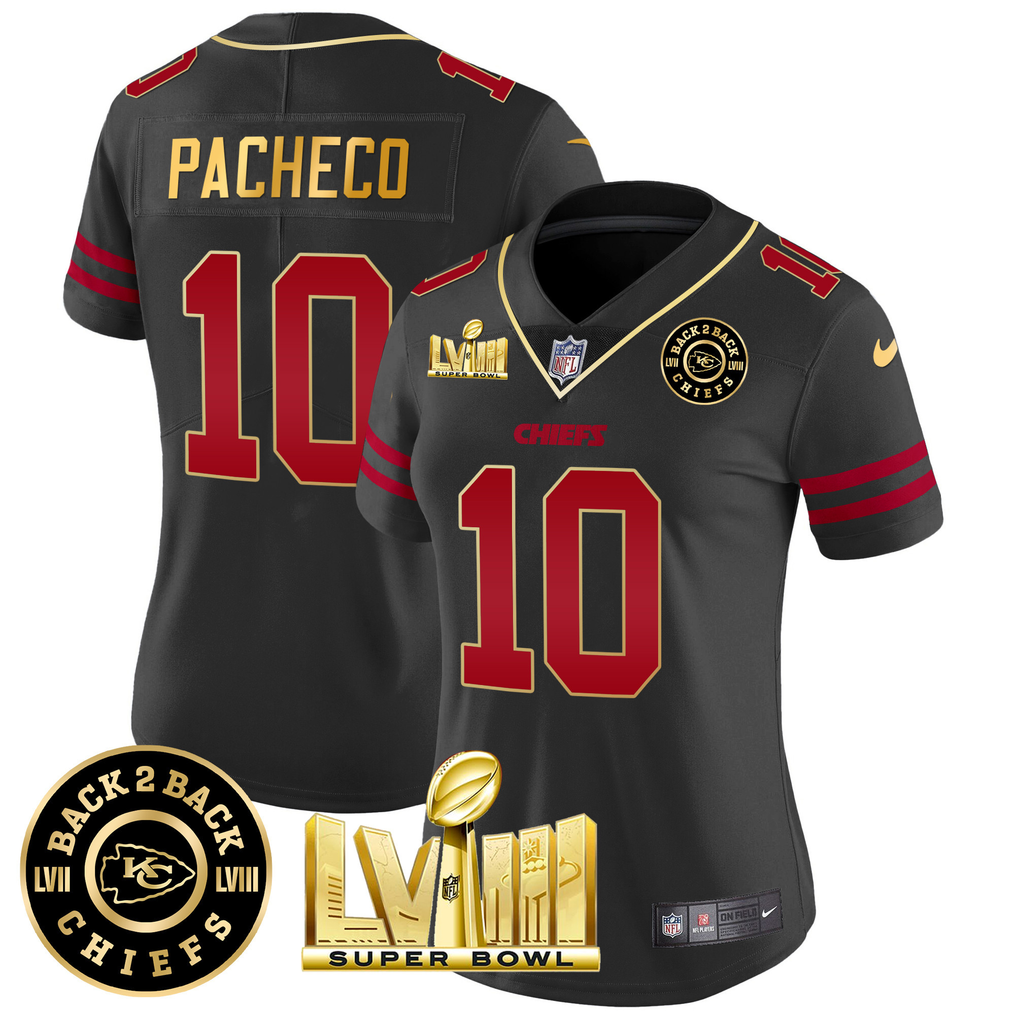 Isiah Pacheco Women's Kansas City Chiefs Super Bowl LVIII & Back 2 Back Patch Vapor Gold Trim Jersey - All Stitched